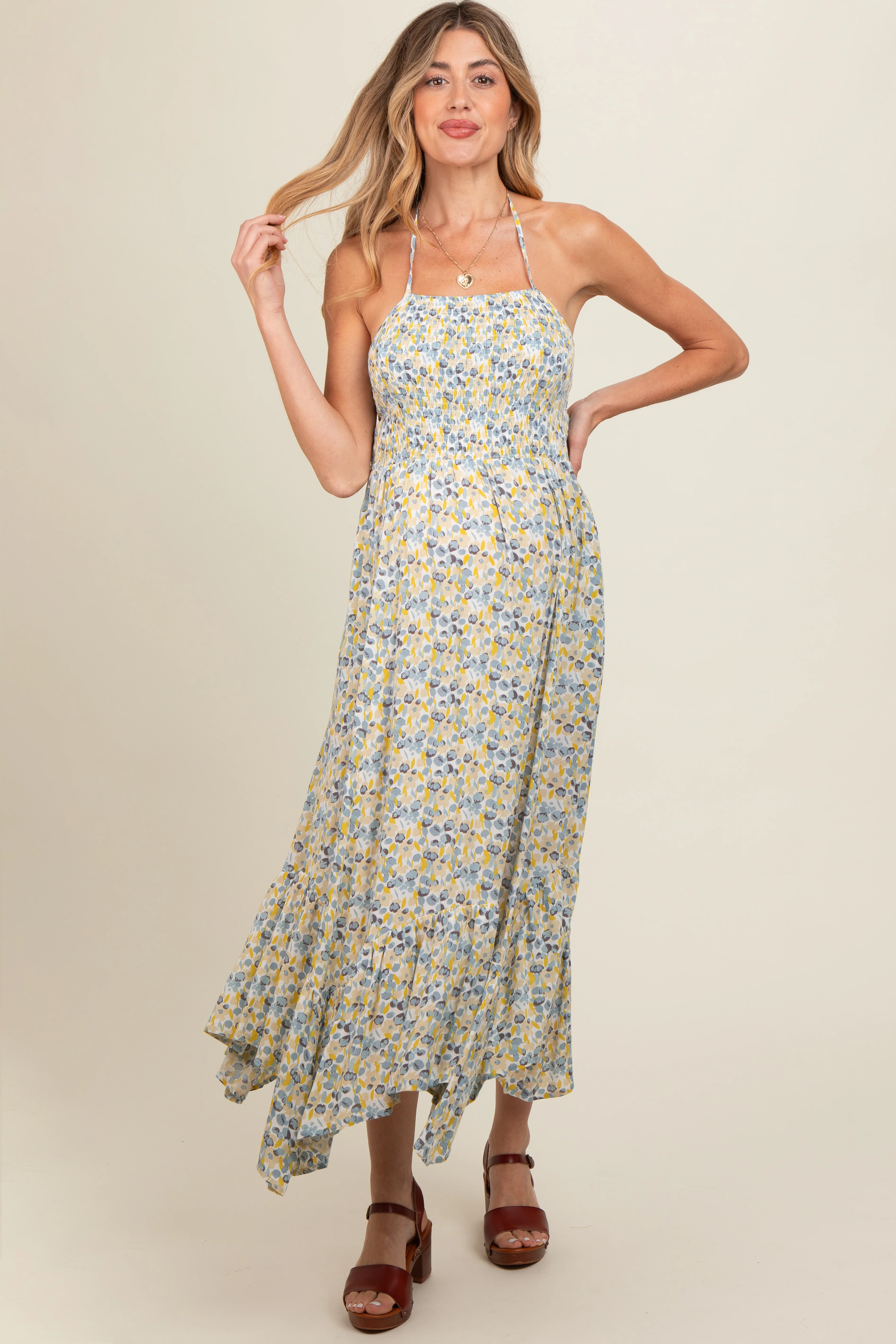 Teal Floral Smocked Halter Flowy Maternity Maxi Dress - Image 3