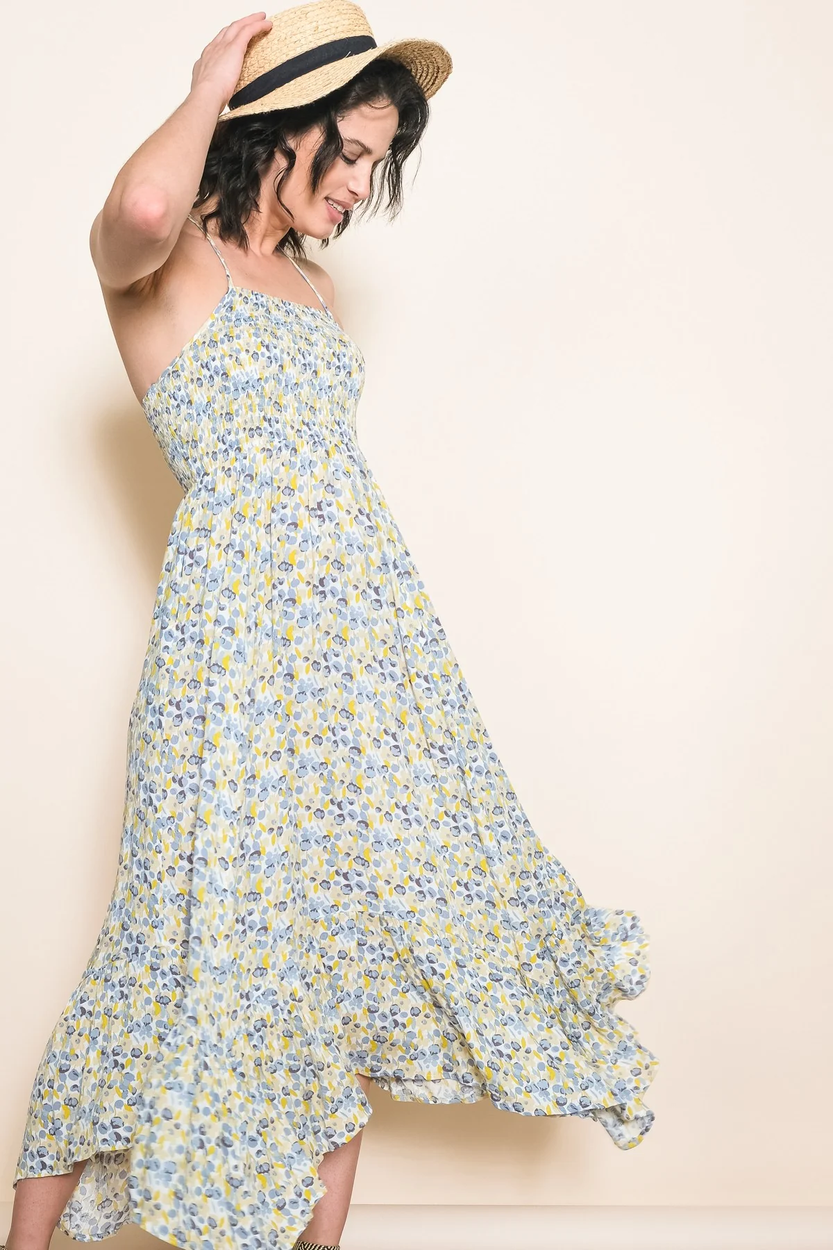 Teal Floral Smocked Halter Flowy Maxi Dress - Image 4