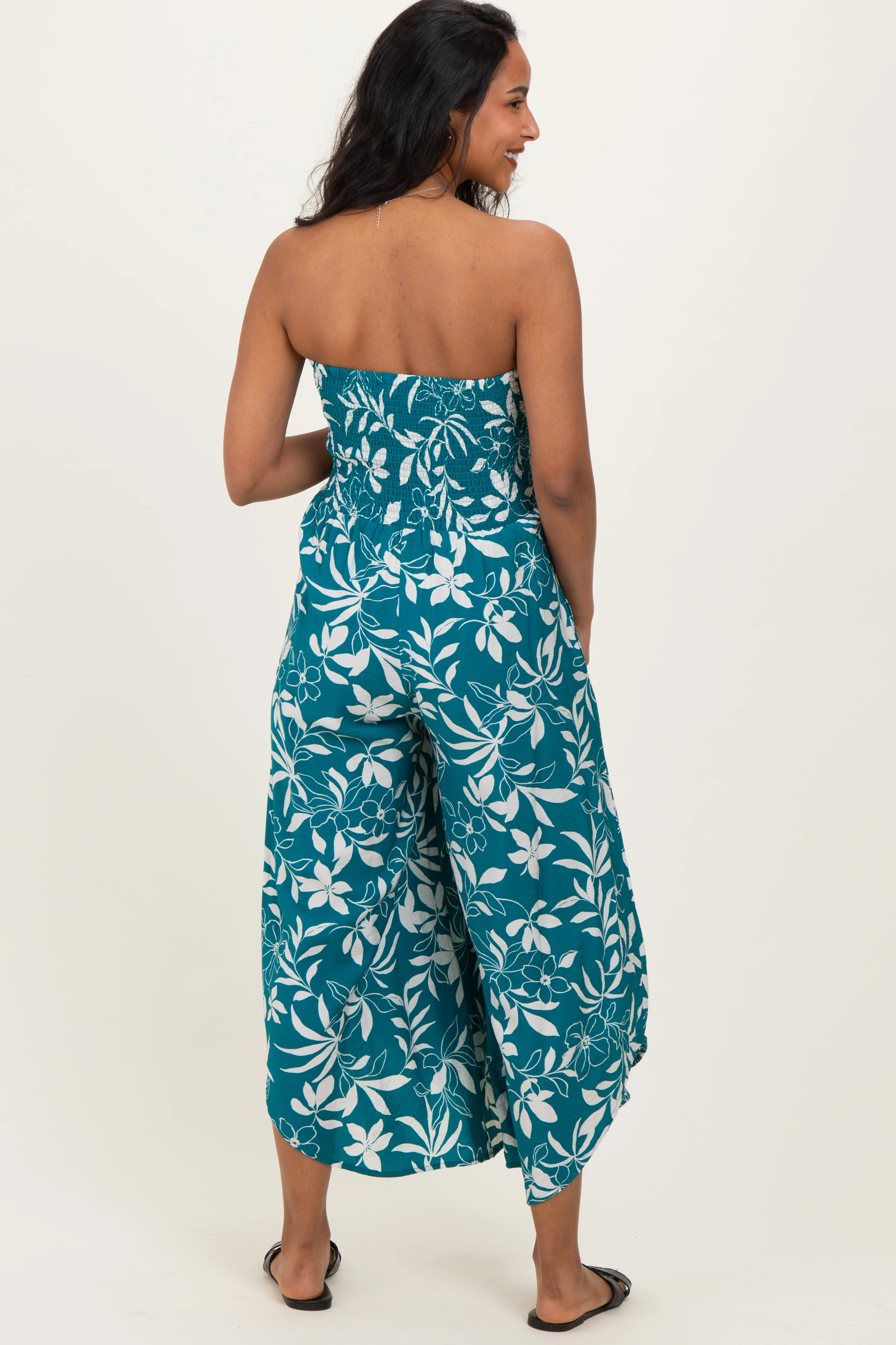 Teal Floral Strapless Smocked Tulip Leg Maternity Jumpsuit - Image 3