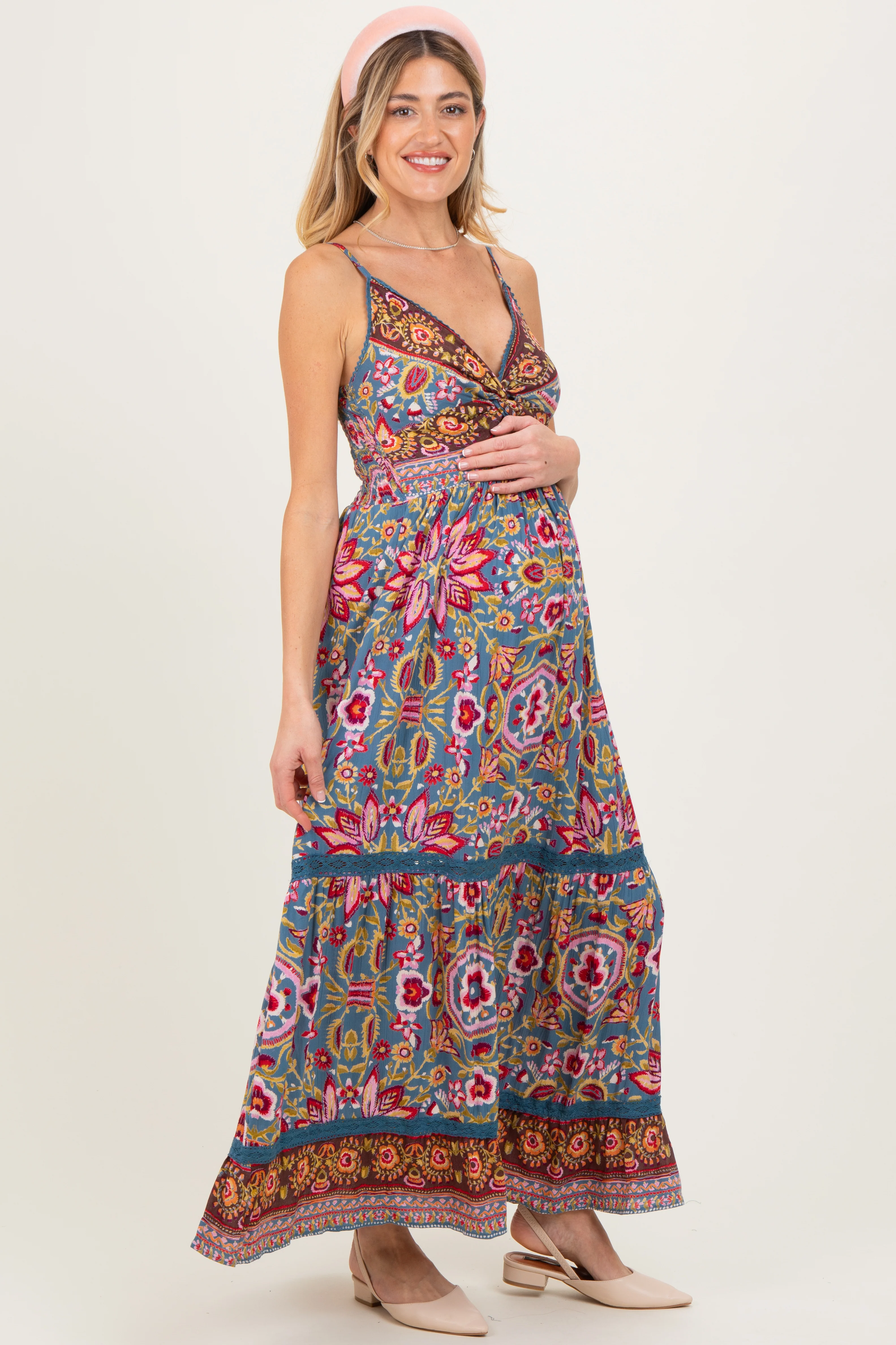 Teal Floral Twist Front Cutout Maternity Maxi Dress - Image 3