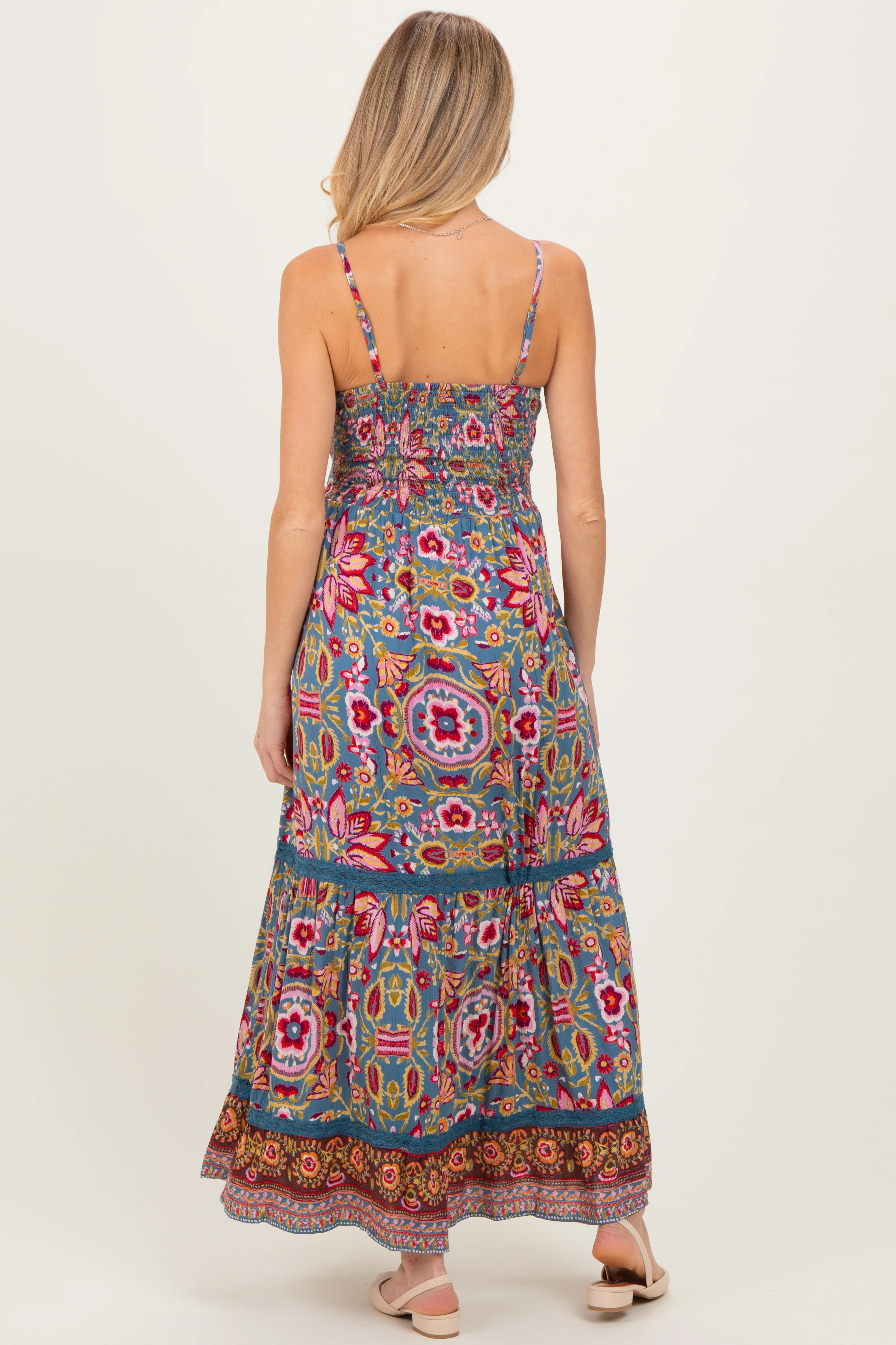 Teal Floral Twist Front Cutout Maternity Maxi Dress - Image 4