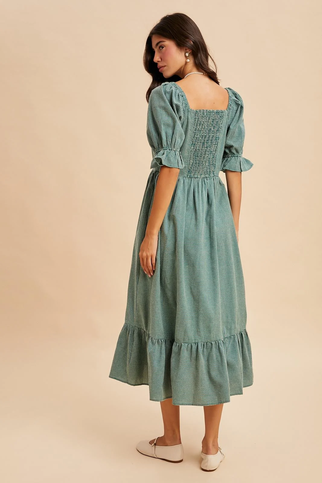 Teal Gingham Square Neck Midi Dress - Image 4