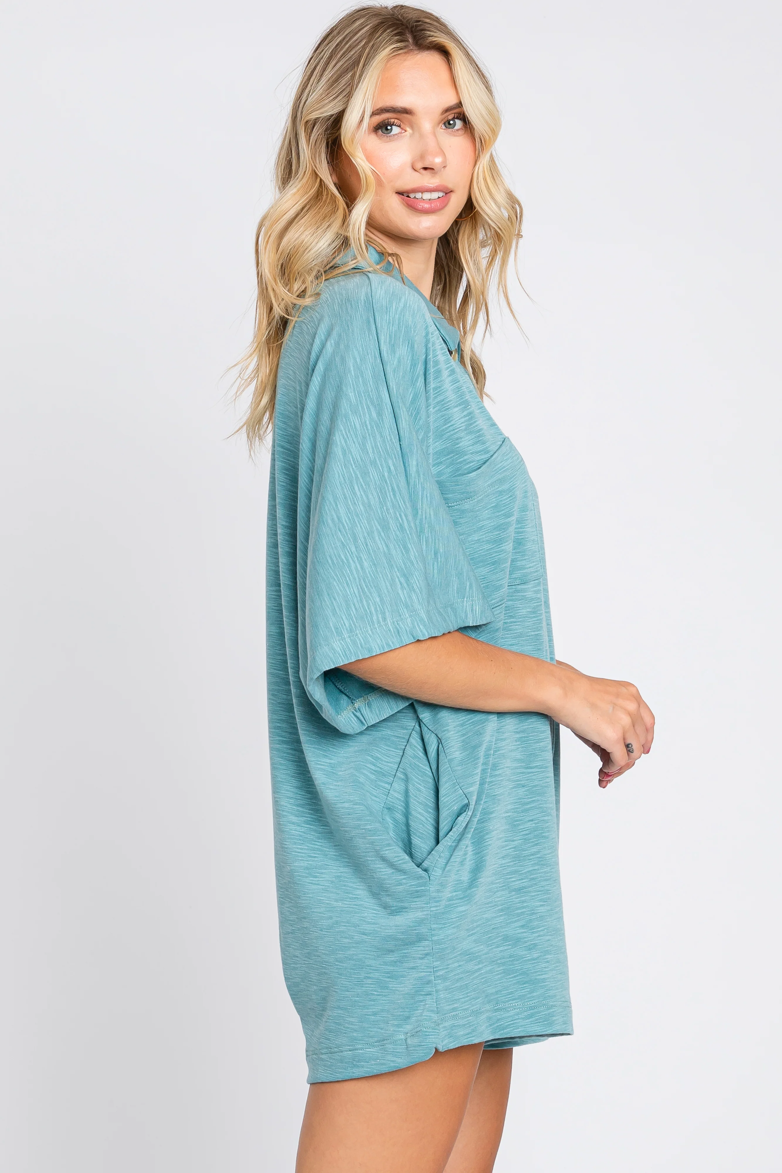 Teal Heathered Front Button Romper - Image 2