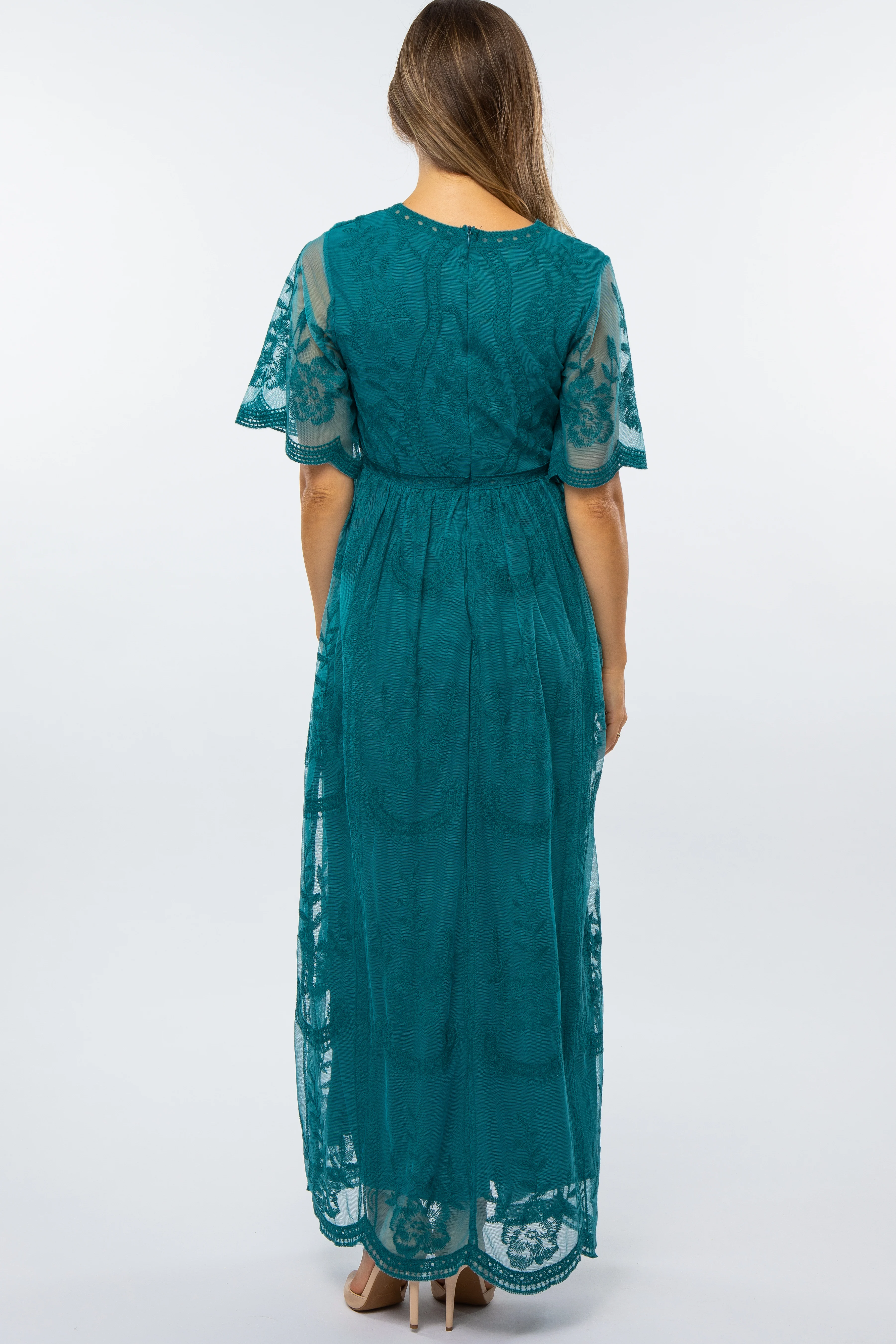 Teal Lace Mesh Overlay Maternity Maxi Dress - Image 3