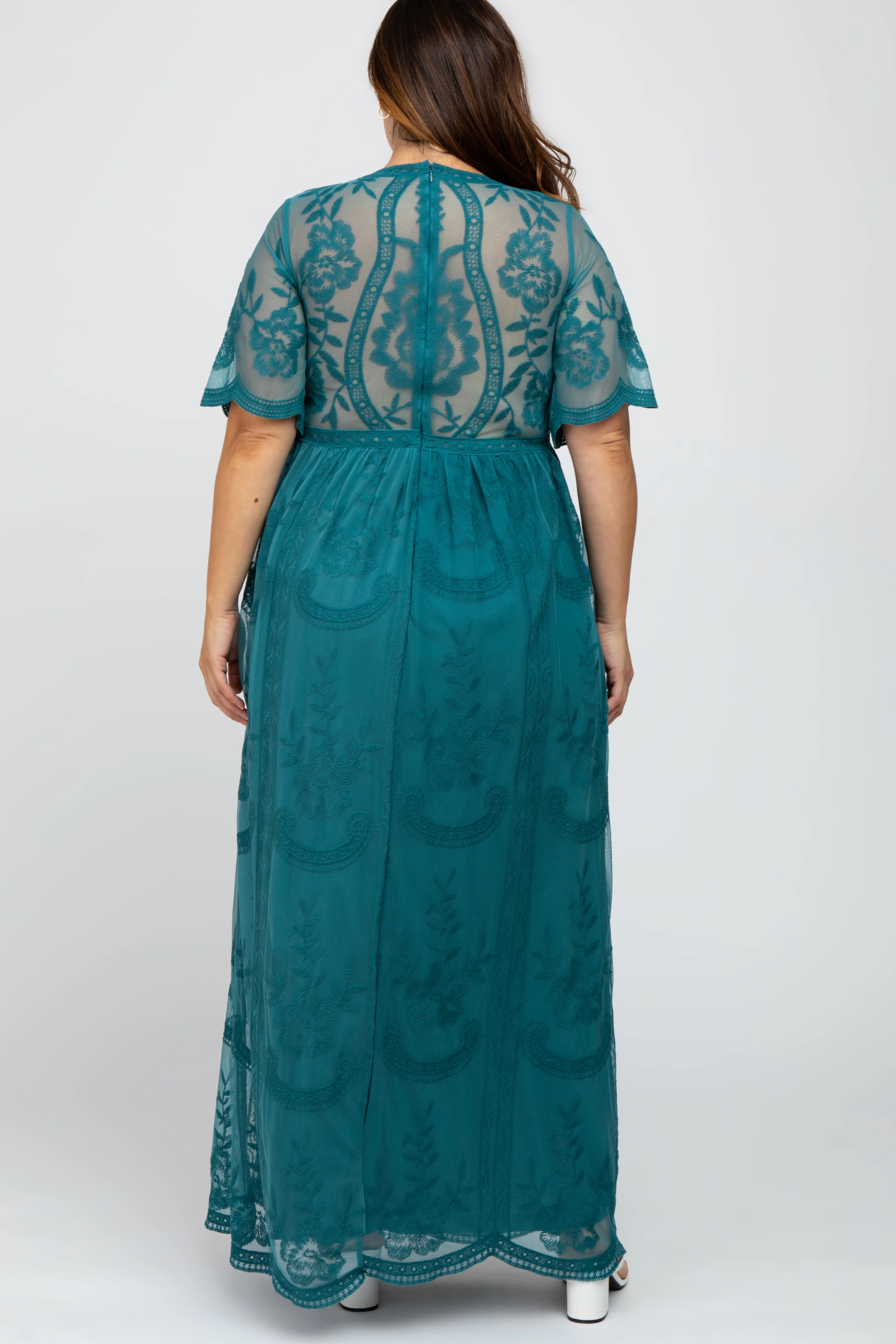 Teal Lace Mesh Overlay Plus Maxi Dress - Image 3