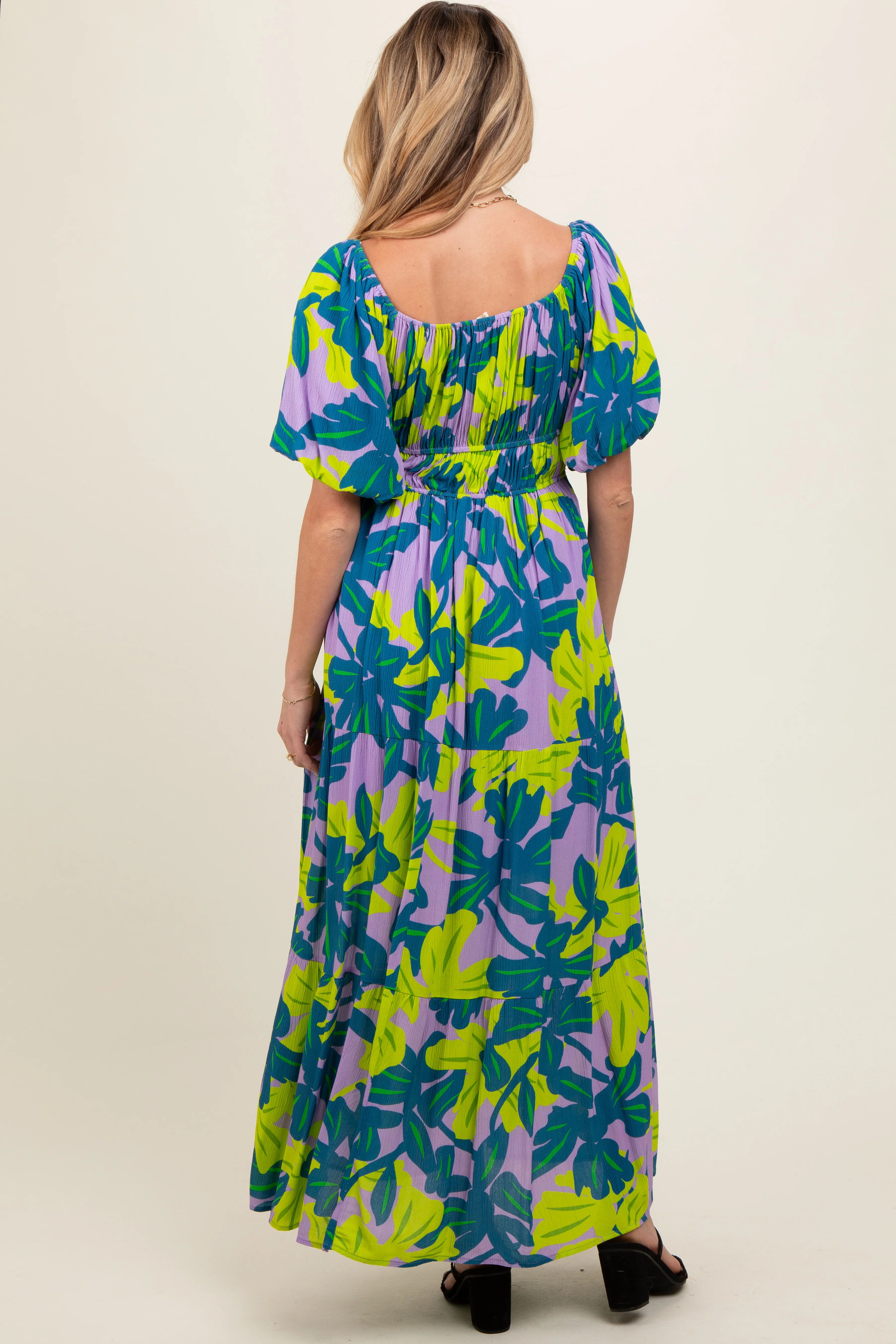 Teal Leaf Print Printed Puff Sleeve Maternity Maxi Dress - Image 4