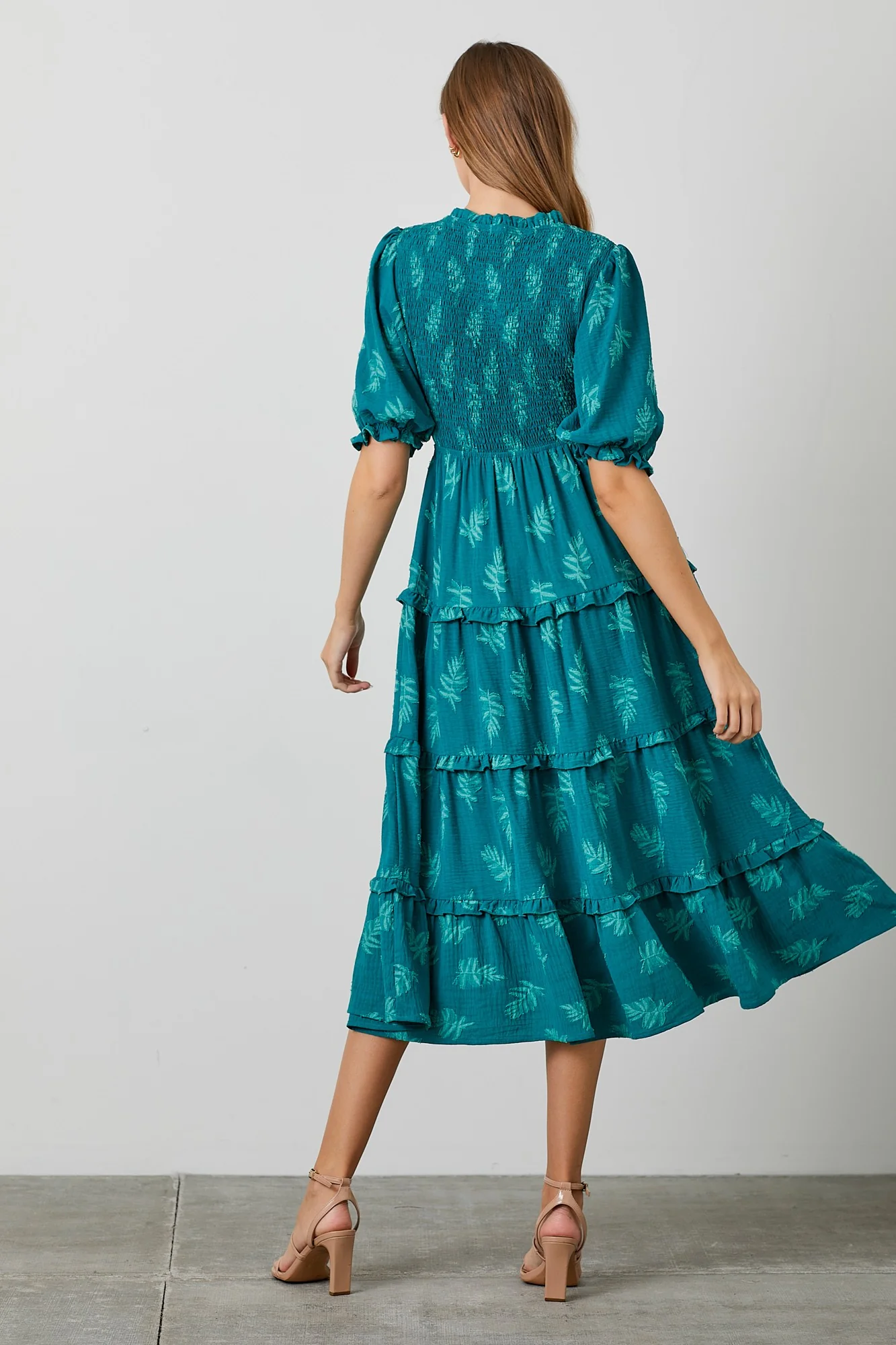 Teal Leaf Print Smocked Midi Dress - Image 4