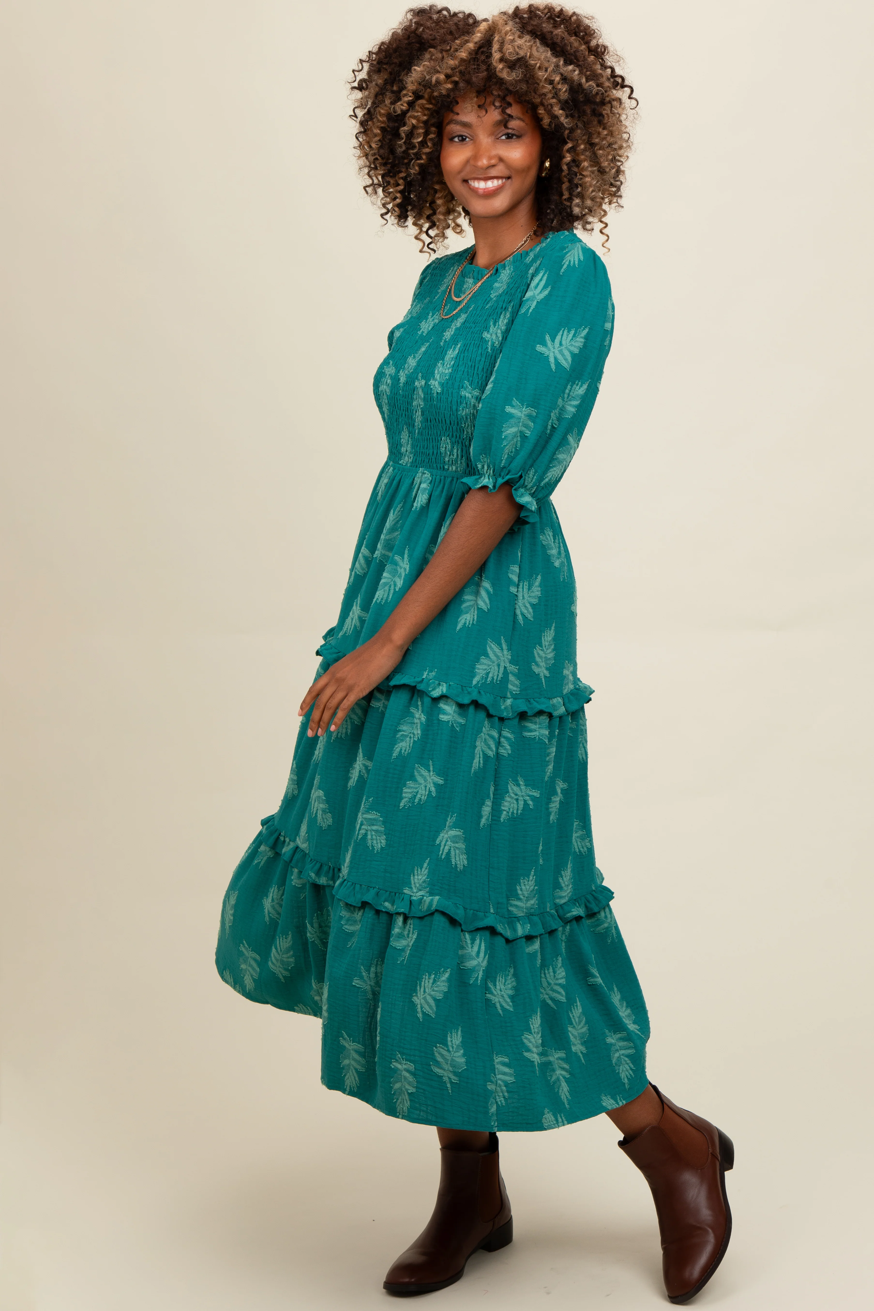Teal Leaf Print Smocked Midi Dress - Image 7