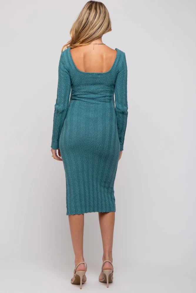 Teal Long Sleeve Knit Maternity Sweater Dress - Image 3