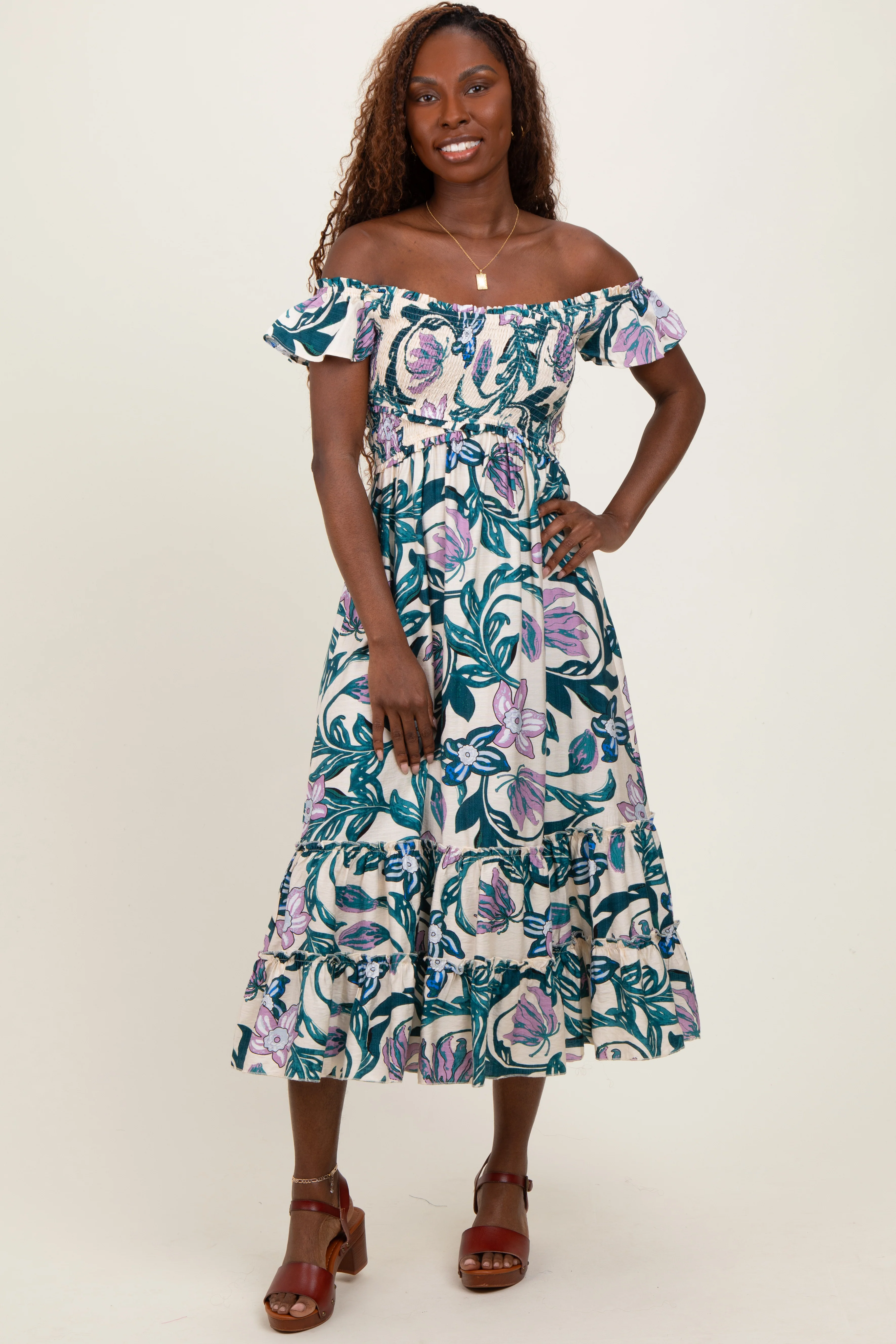 Teal Multi Smocked Top Woven Maternity Midi Dress - Image 4