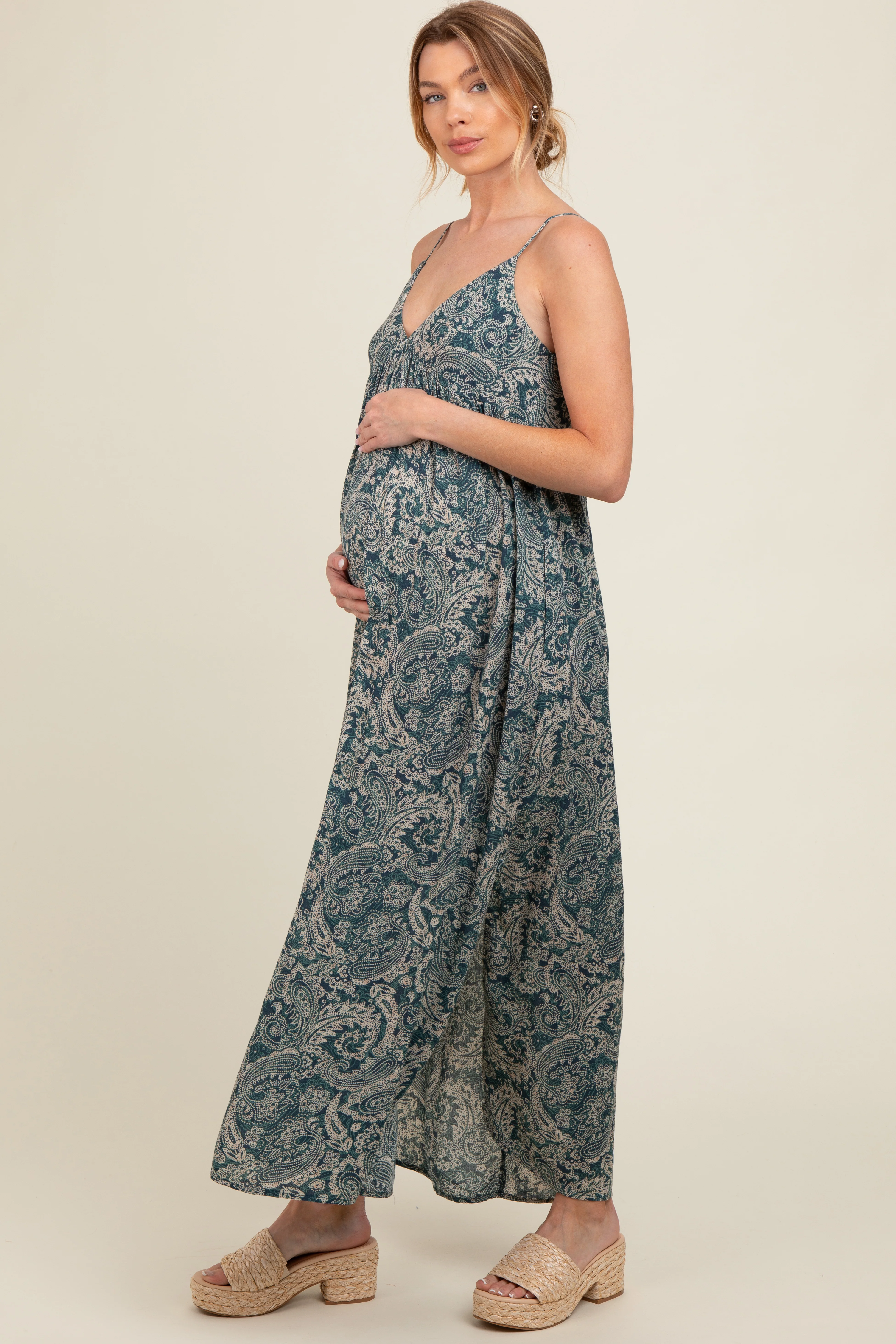Teal Paisley Babydoll Cami Strap Maternity Maxi Dress - Image 3