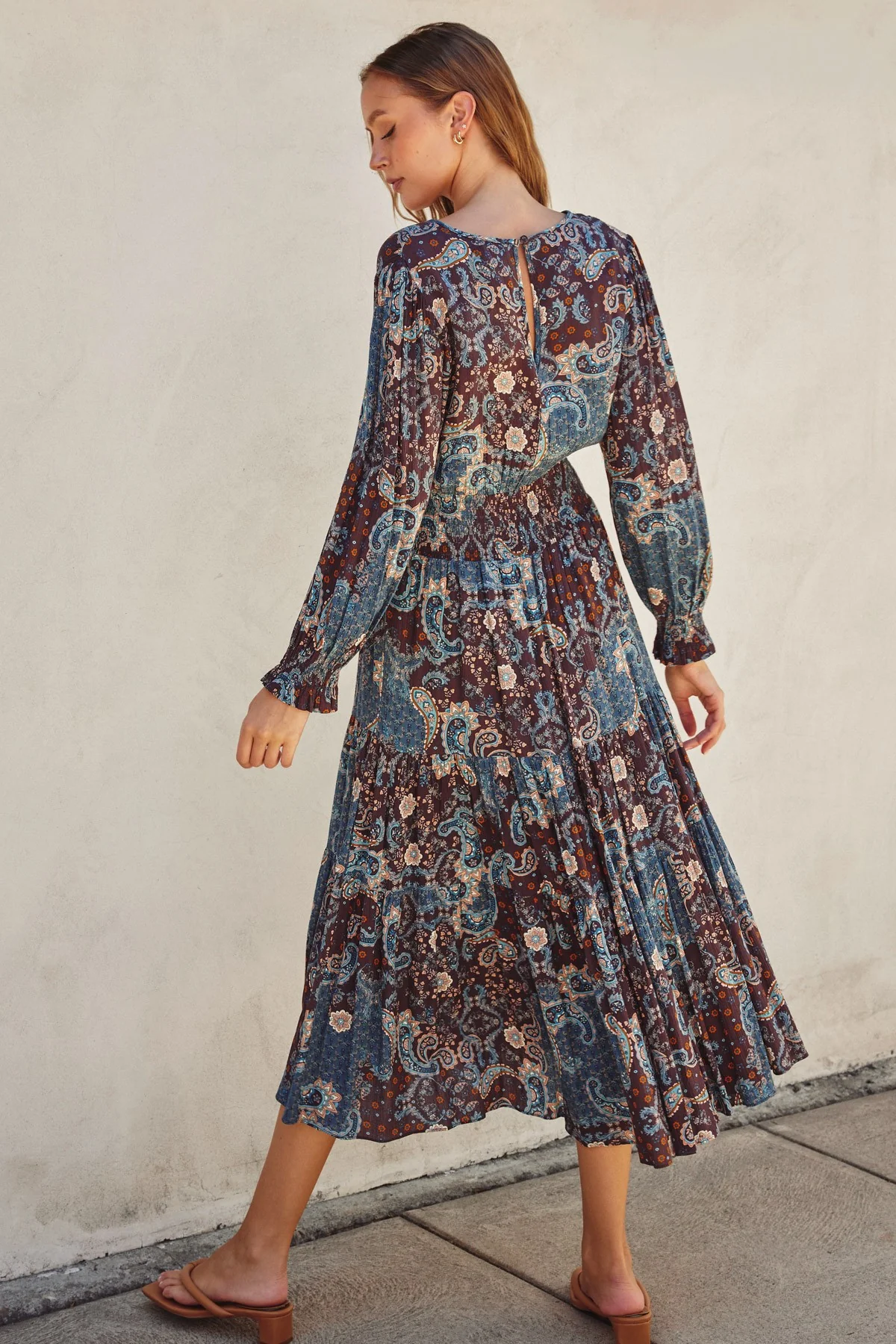 Teal Paisley Print Smocked Waist Tiered Midi Dress - Image 3