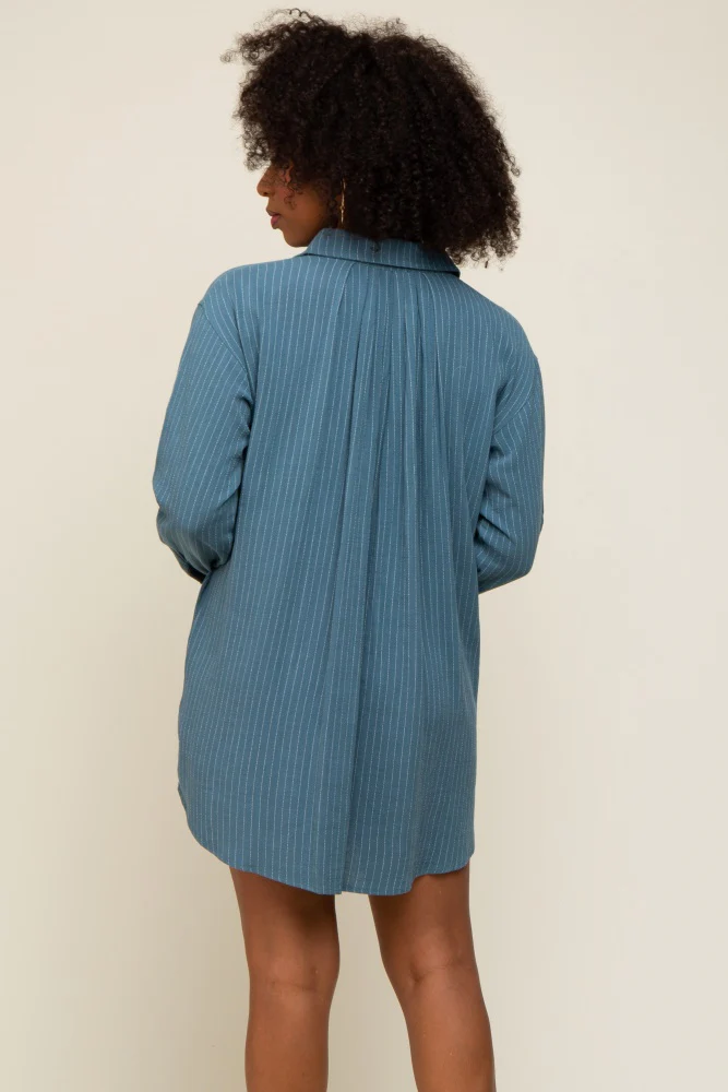 Teal Pinstriped Button-Down Linen Dress - Image 4