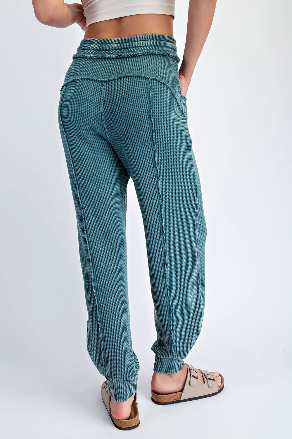 Teal Raw Seam Waffle Knit Joggers - Image 5