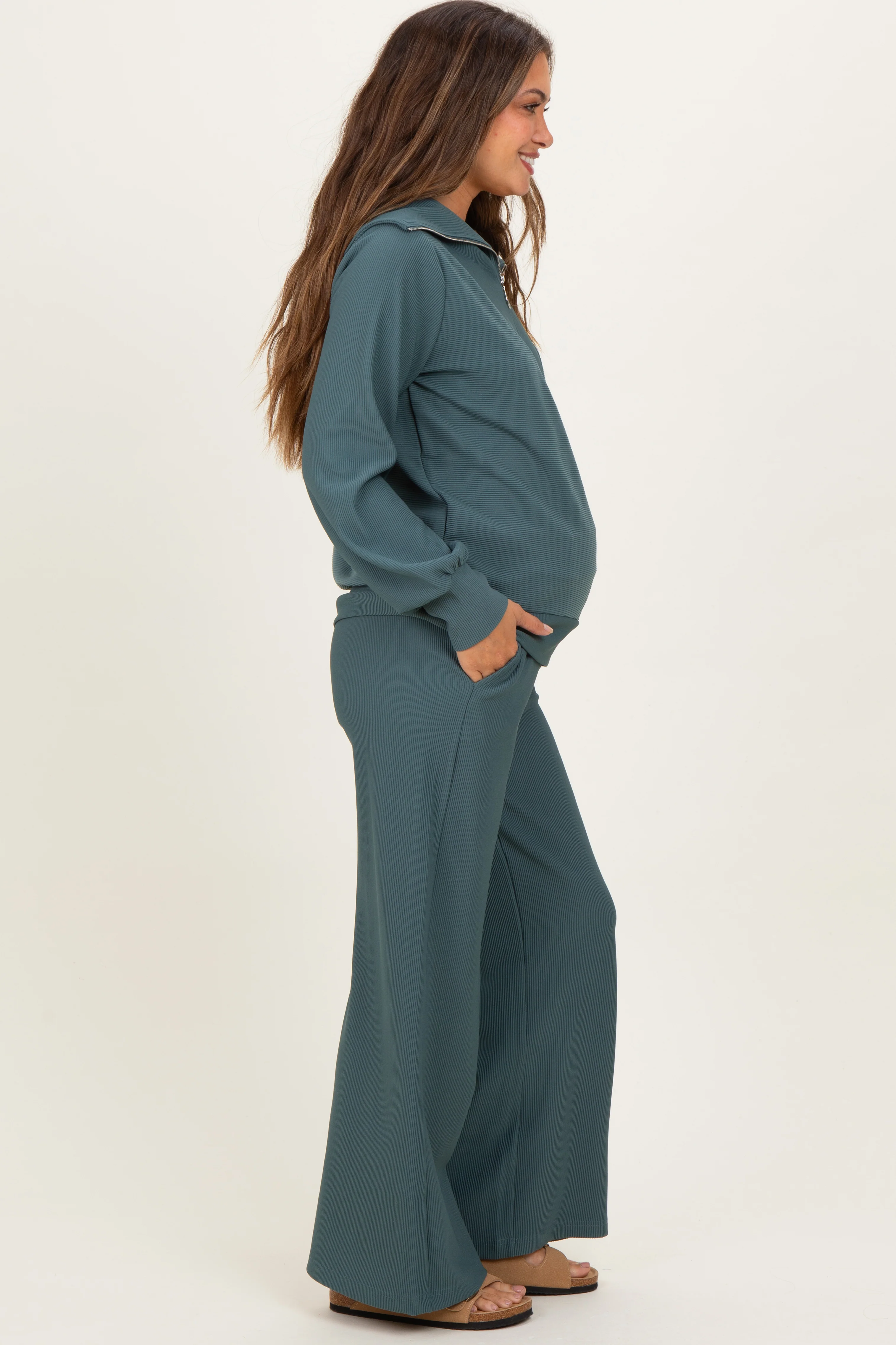 Teal Ribbed High Neck Half Zip Pullover Maternity Pant Set - Image 3