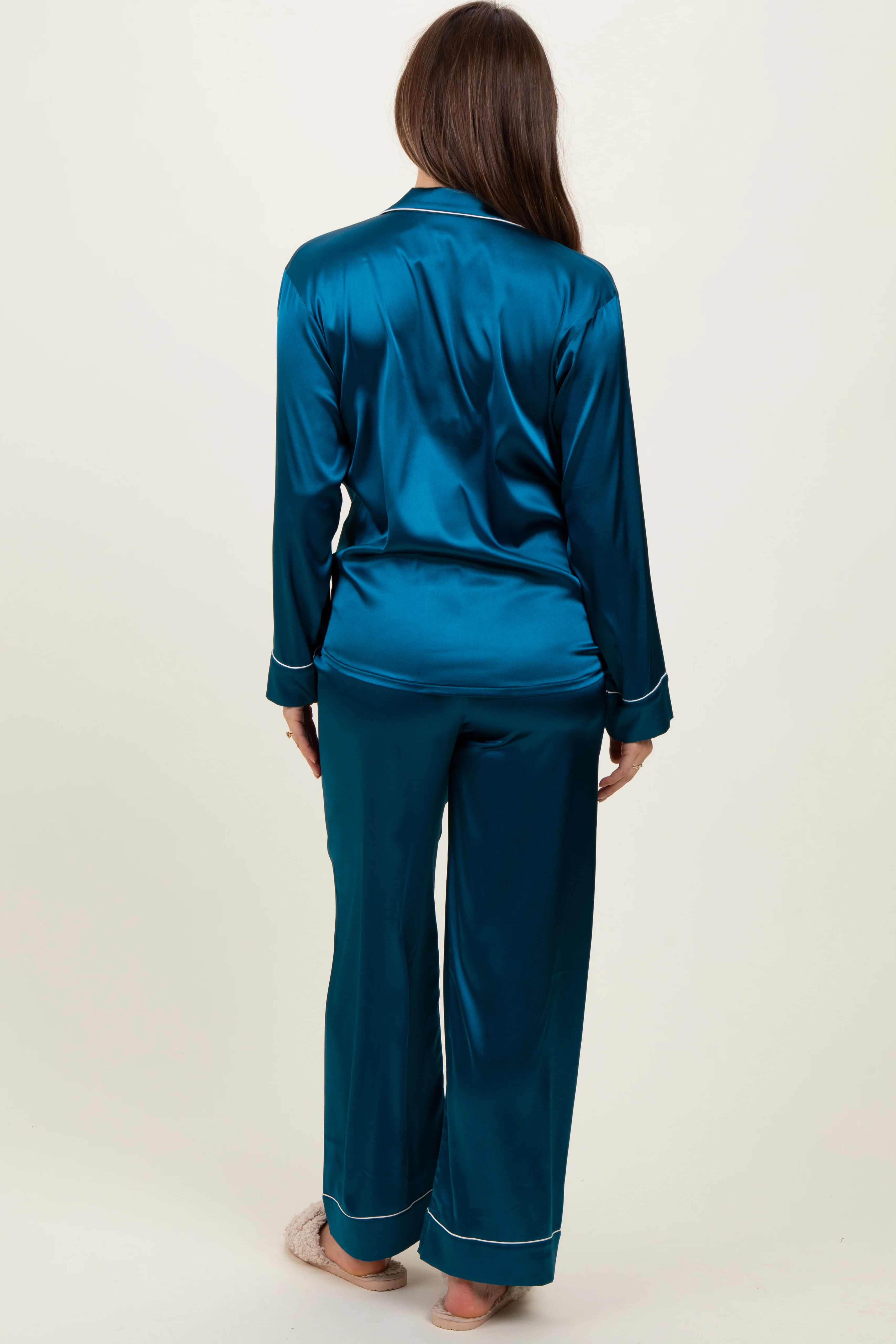 Teal Satin Contrast Trim Long Sleeve Maternity Pajama Set - Image 4