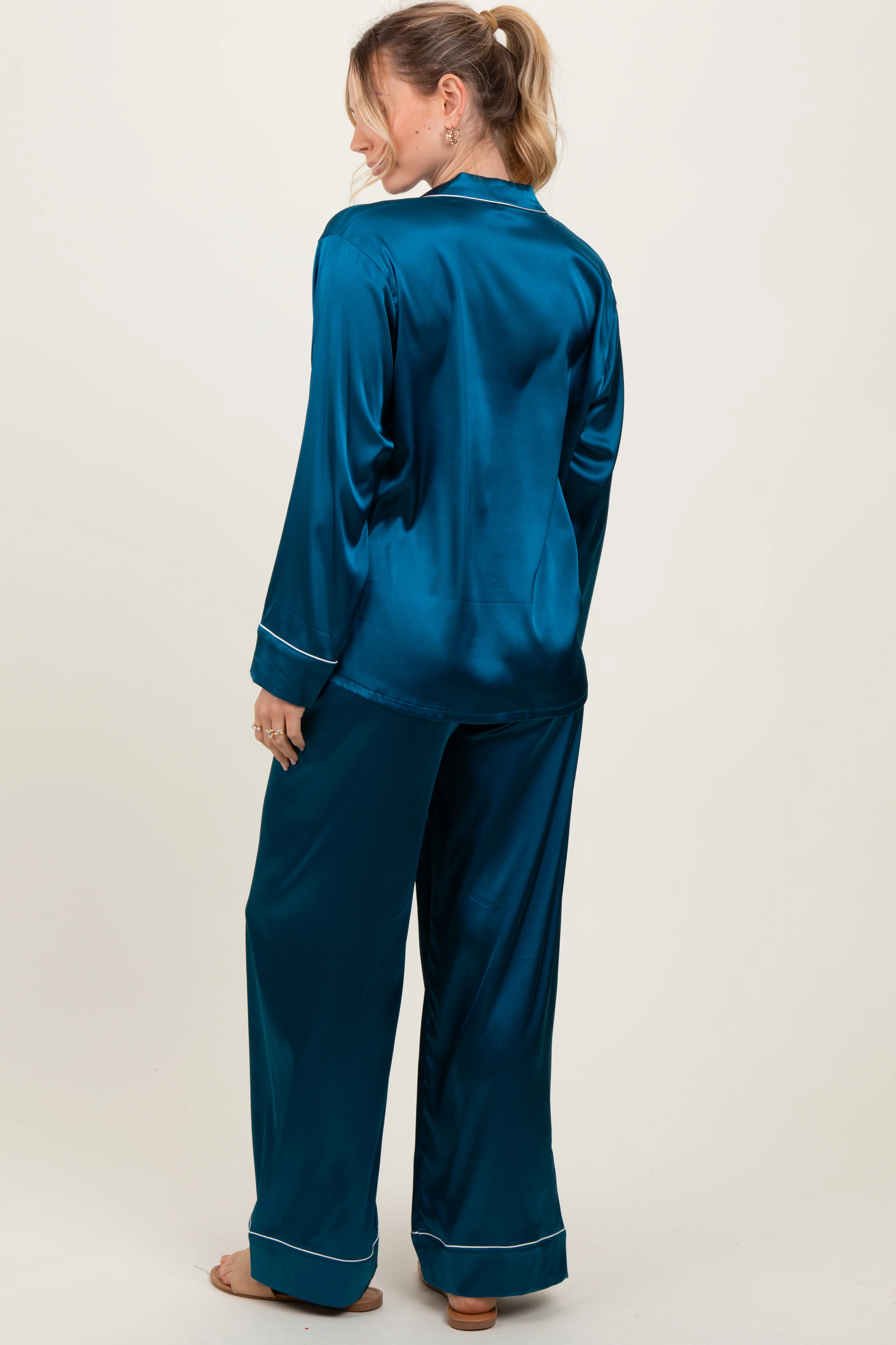 Teal Satin Contrast Trim Long Sleeve Pajama Set - Image 4