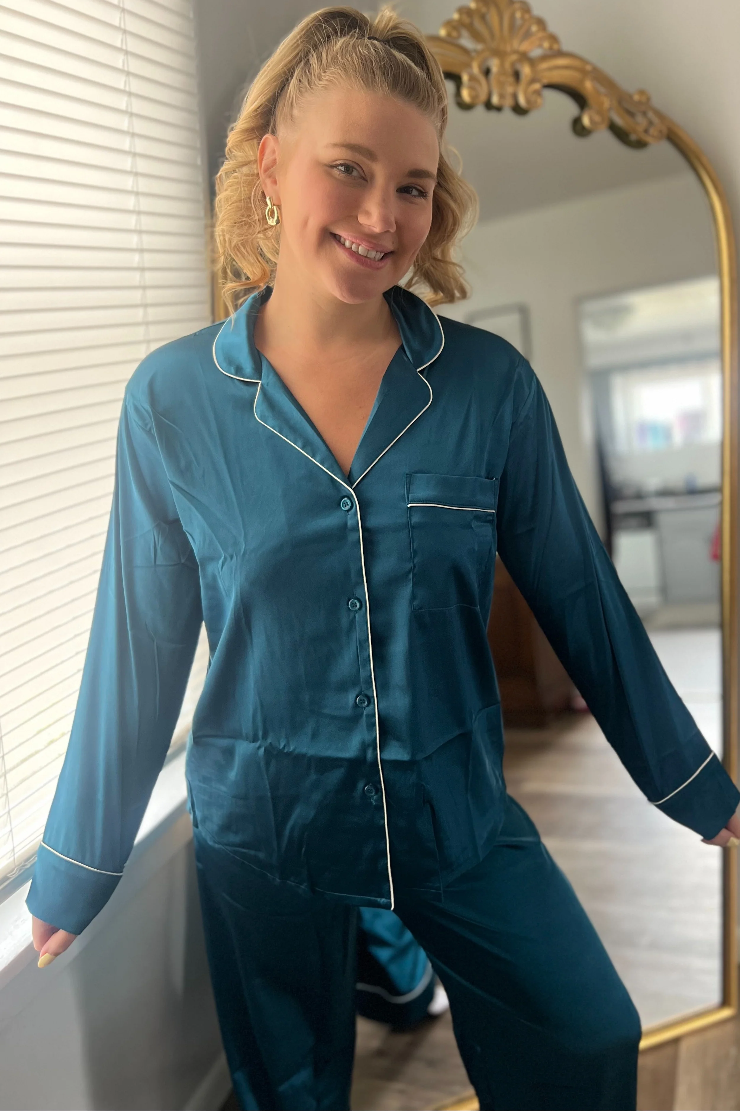 Teal Satin Contrast Trim Long Sleeve Pajama Set - Image 5