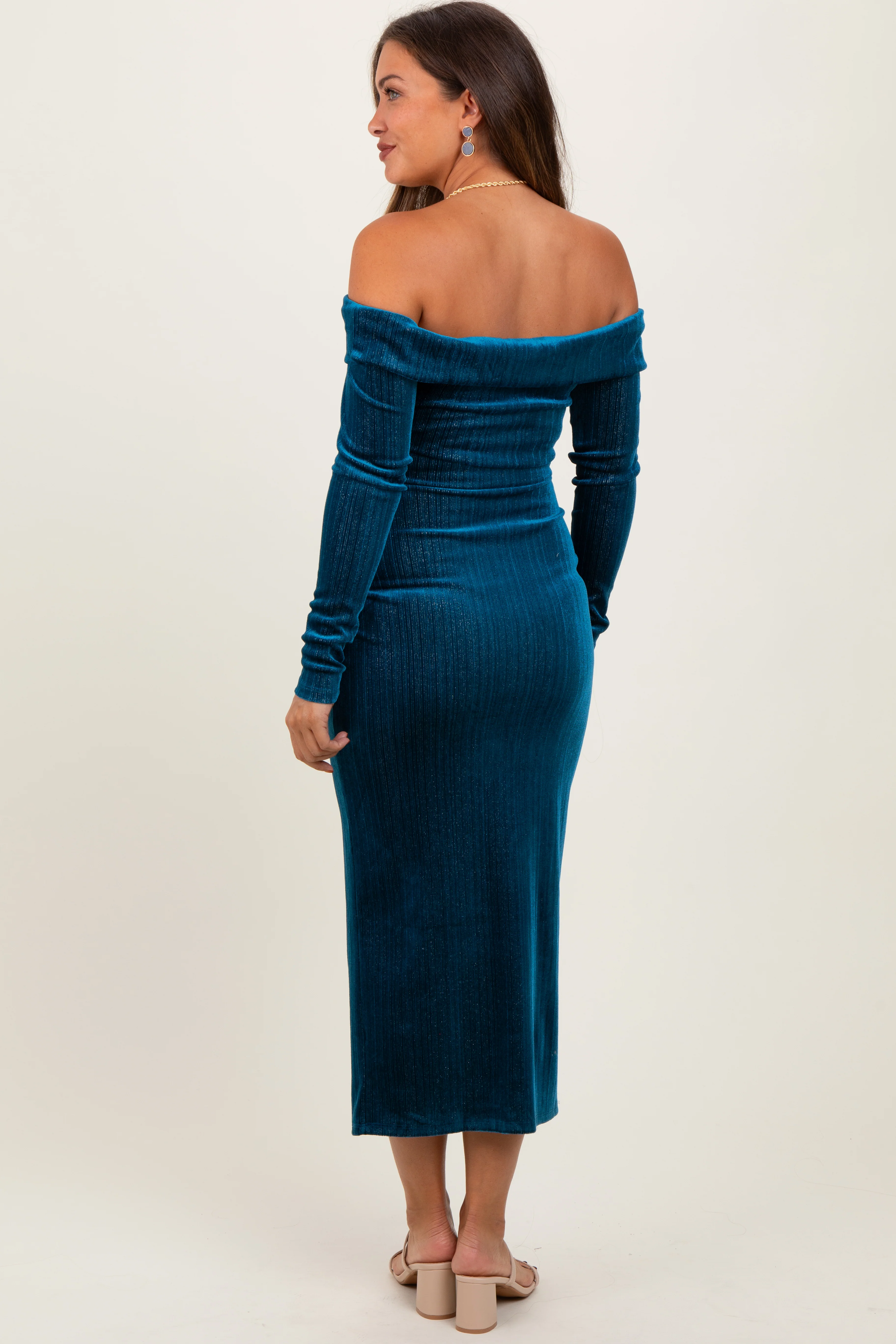 Teal Shiny Velour Off Shoulder Maternity Midi Dress - Image 4