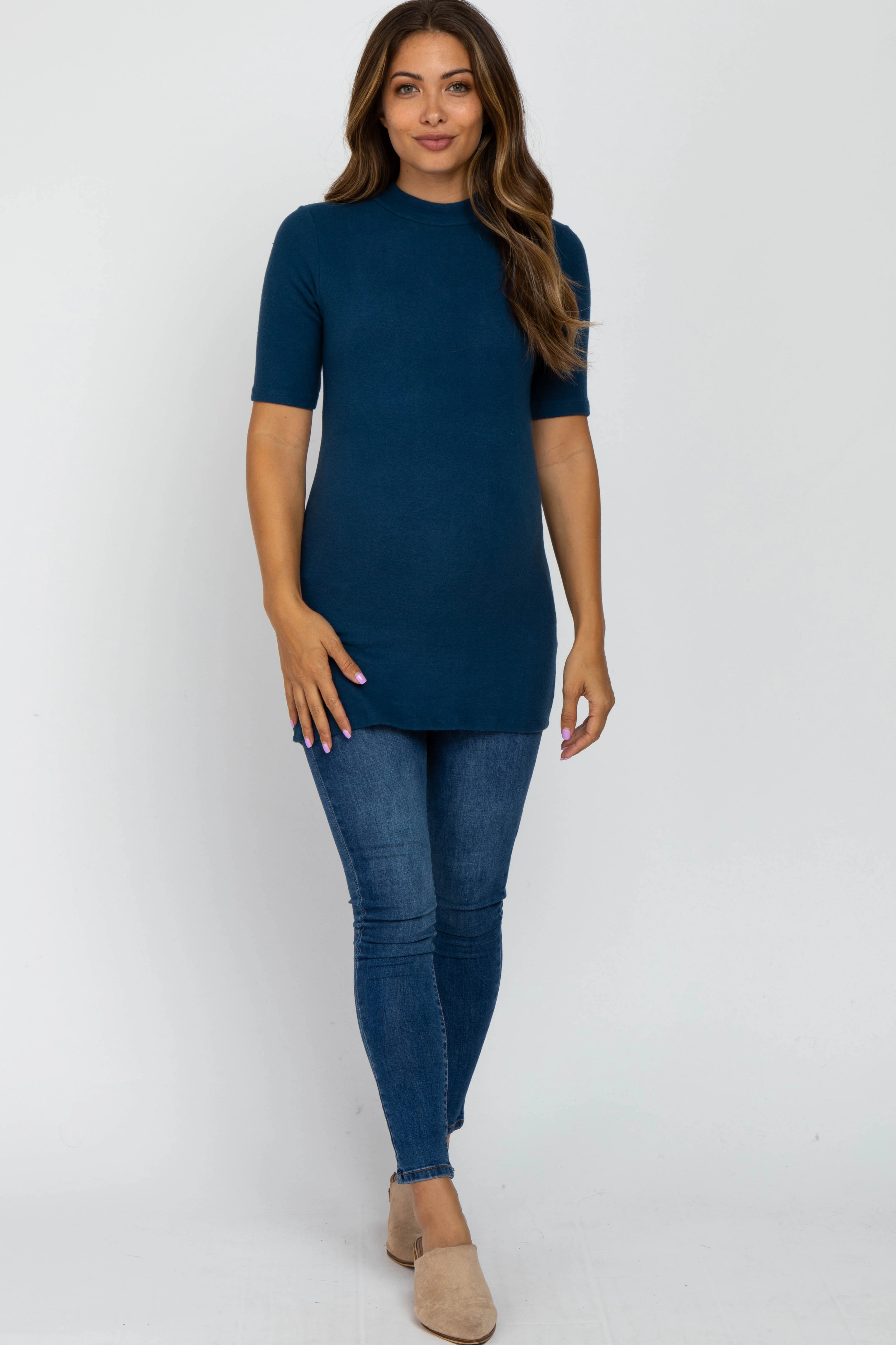 Teal Soft Brushed Knit Mock Neck Maternity Top - Image 4