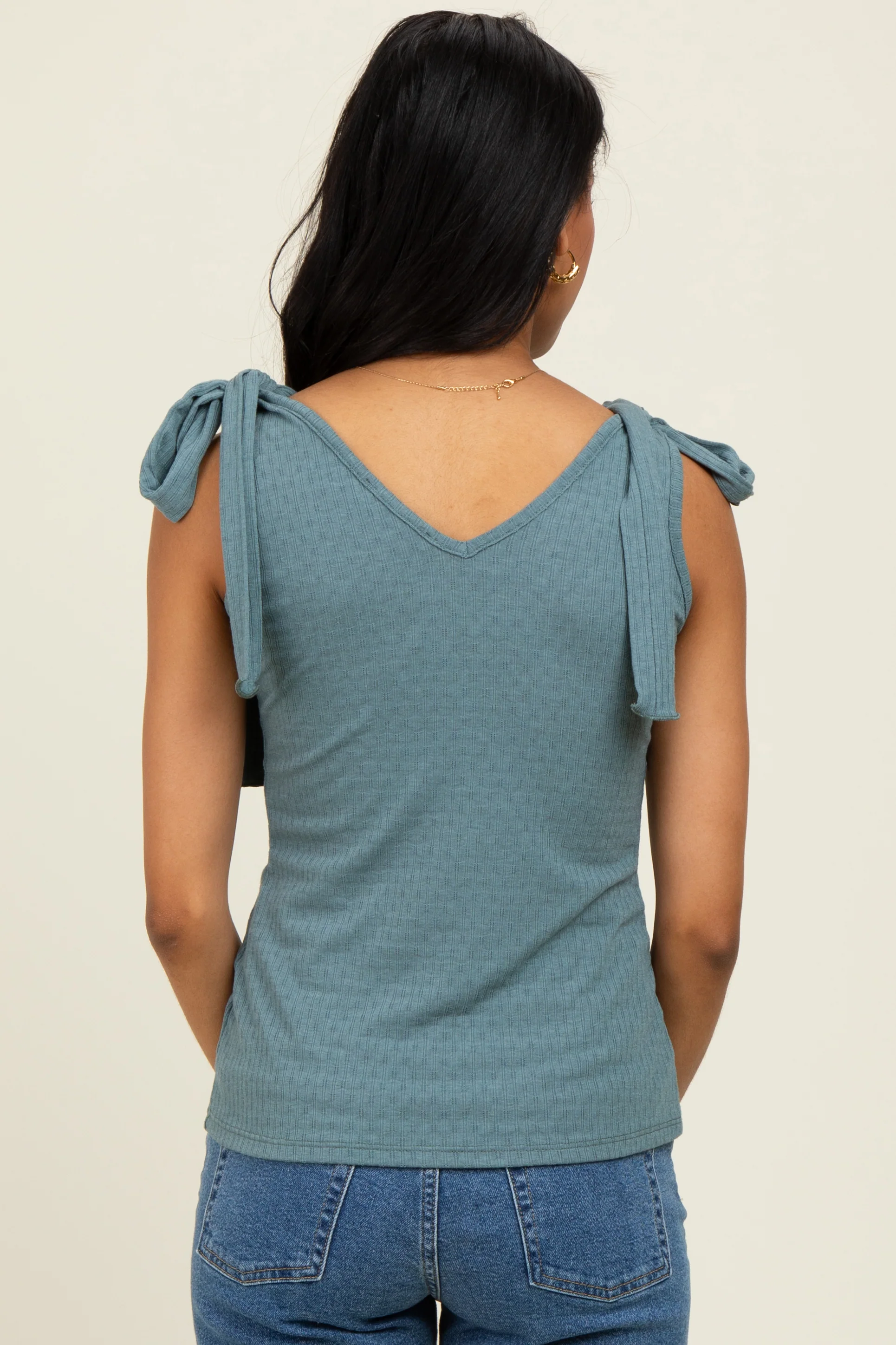Teal Solid Ribbed Sleeveless Tie V-Neck Top - Image 4