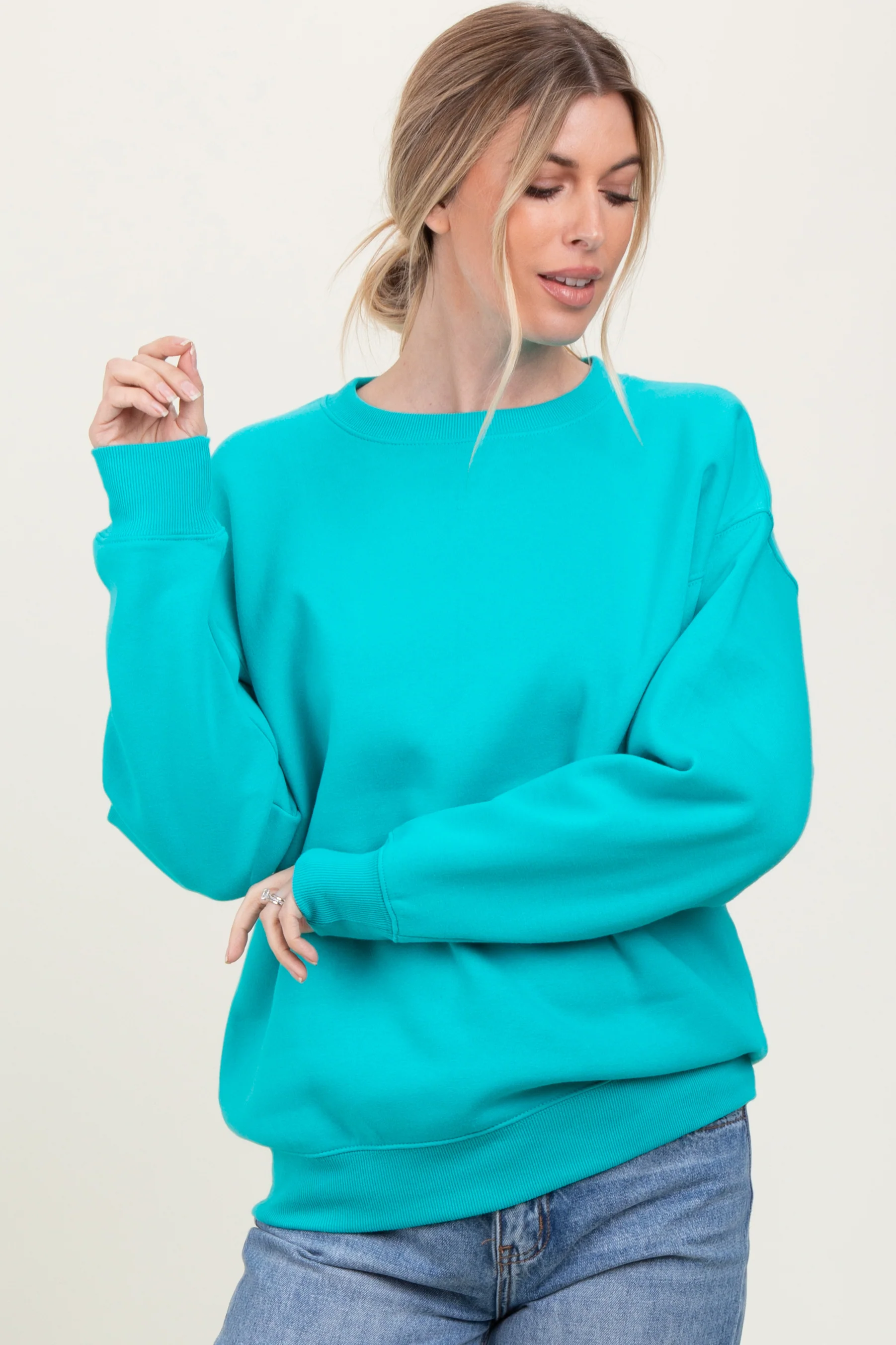 Turquoise Basic Fleece Crewneck Maternity Sweatshirt - Image 4