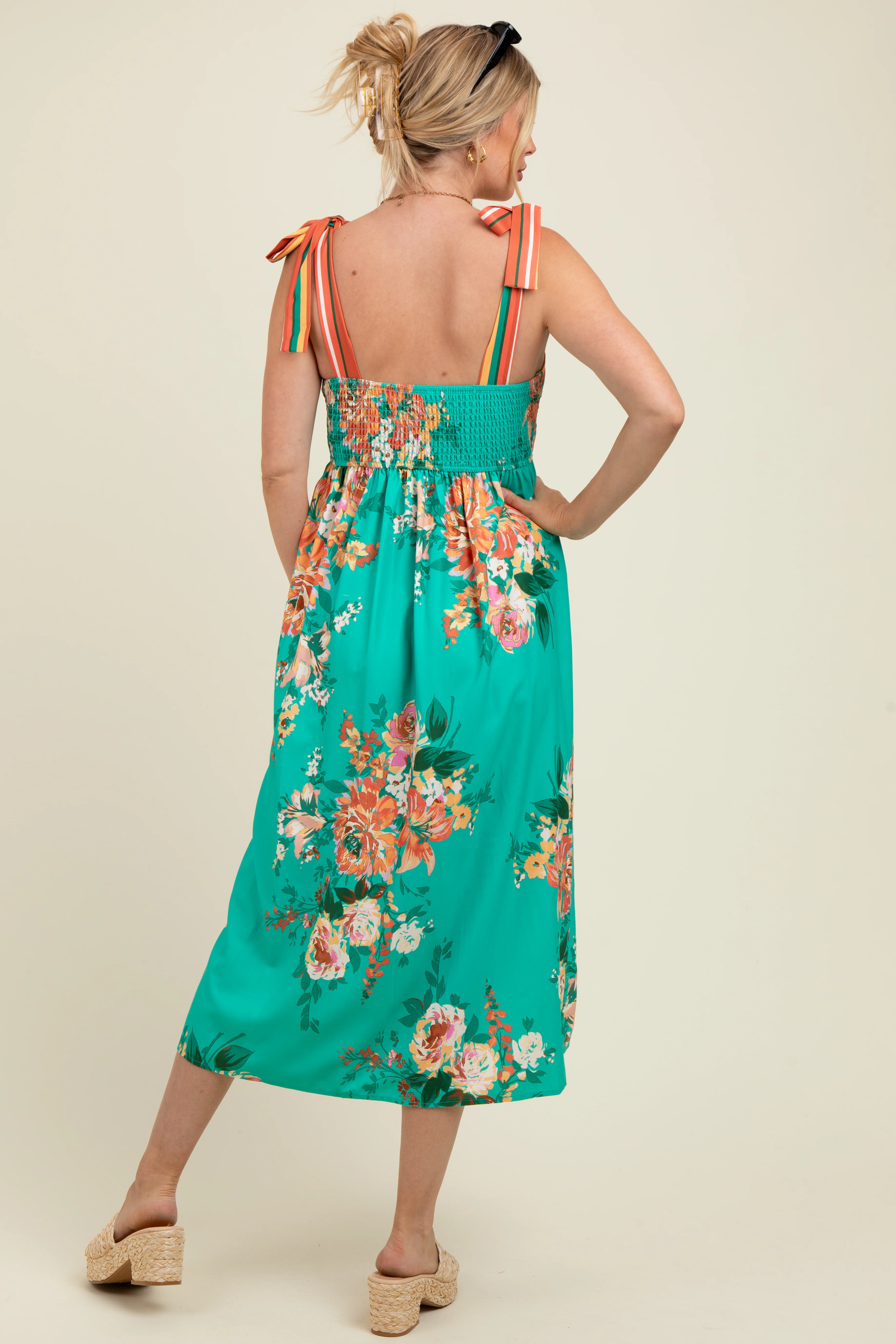 Turquoise Floral Contrast Shoulder Tie Maternity Midi Dress - Image 4