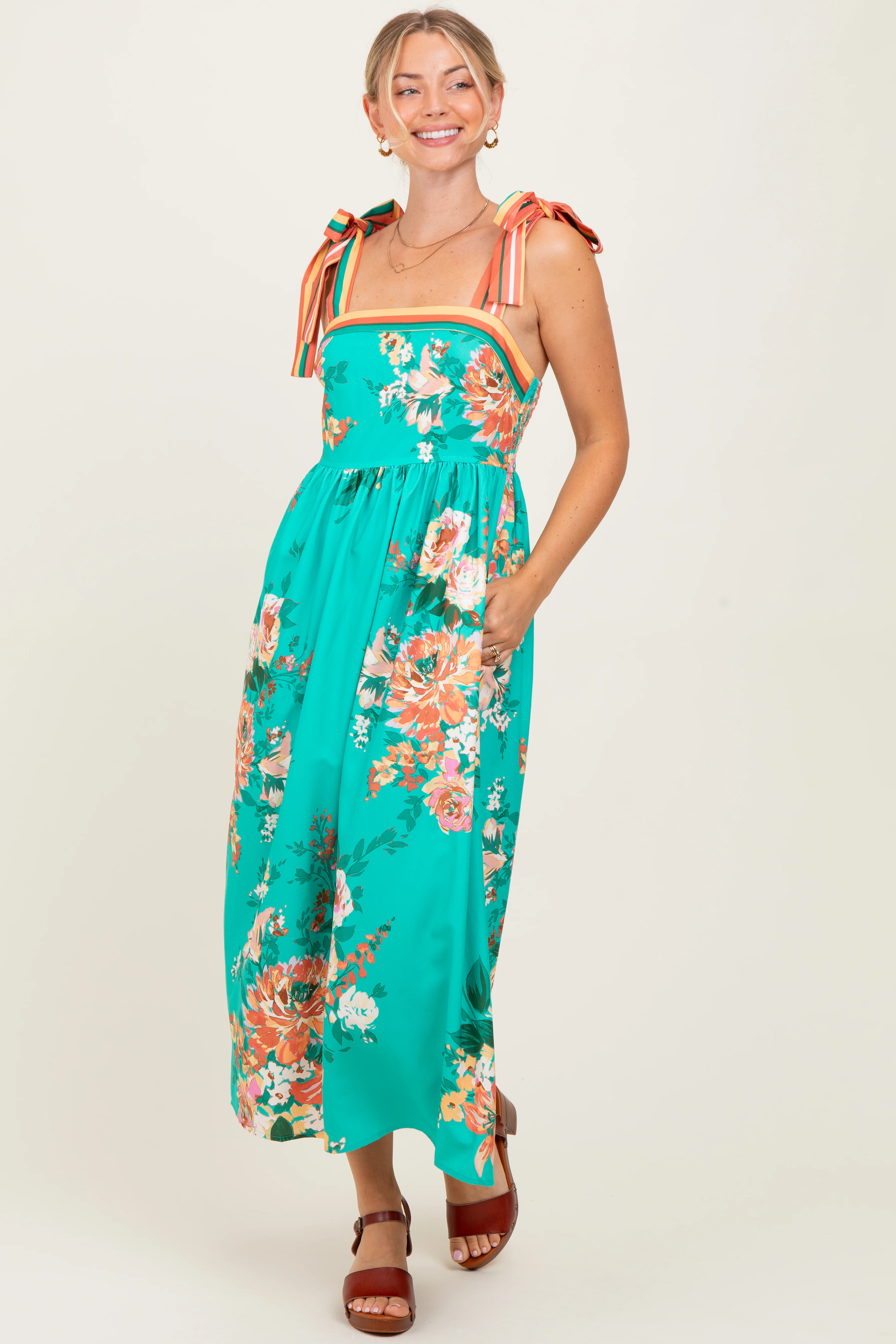 Turquoise Floral Contrast Shoulder Tie Maternity Midi Dress - Image 5