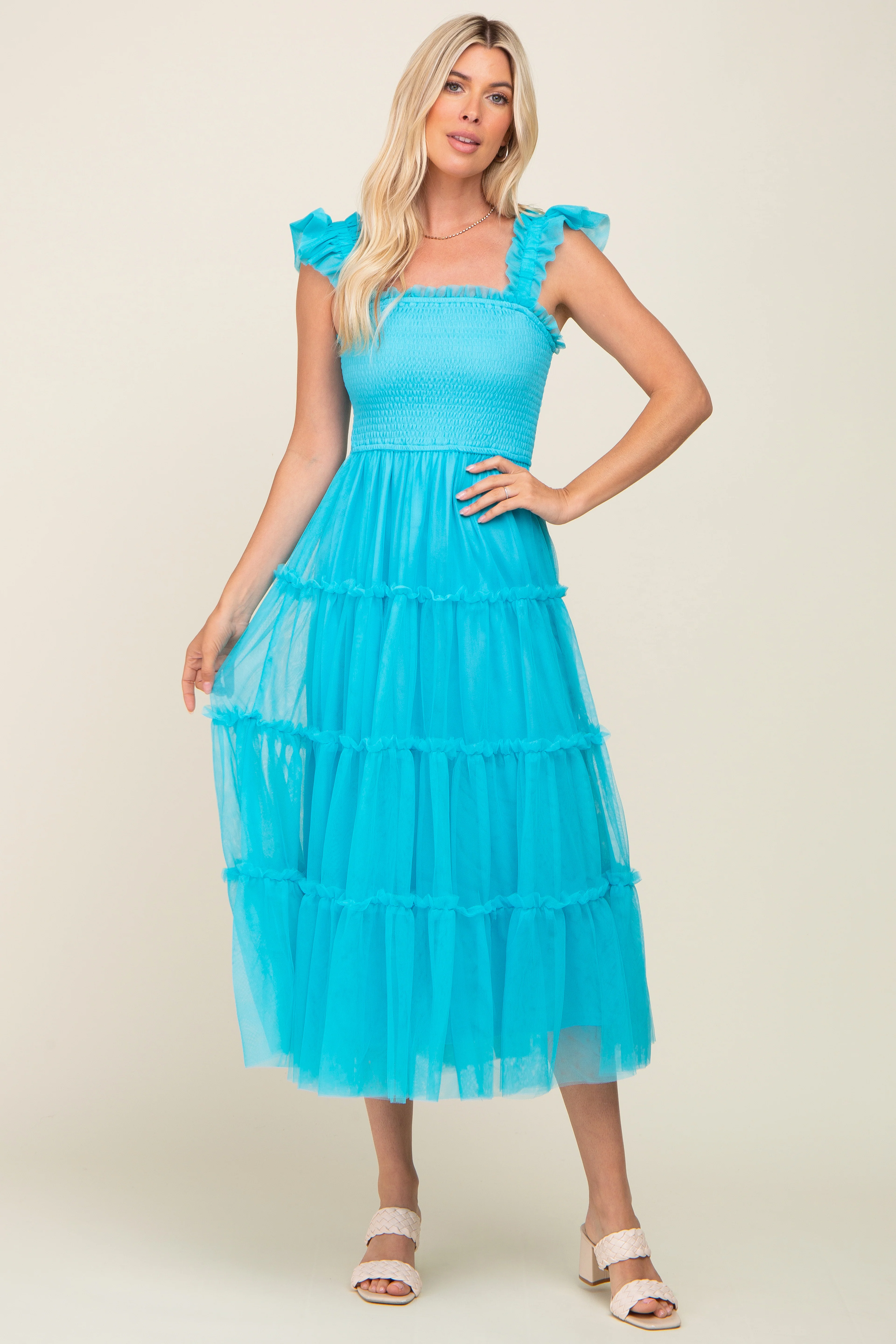Turquoise Smocked Mesh Ruffle Accent Midi Dress - Image 4