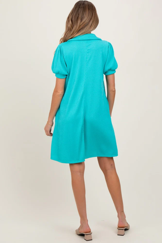 Turquoise Textured Maternity Polo Dress - Image 4