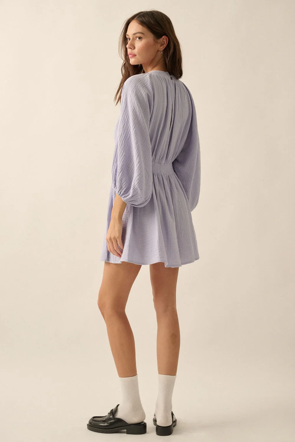 Violet Blue Crinkle Cotton V-Neck Dolman-Sleeve Mini Dress - Image 2