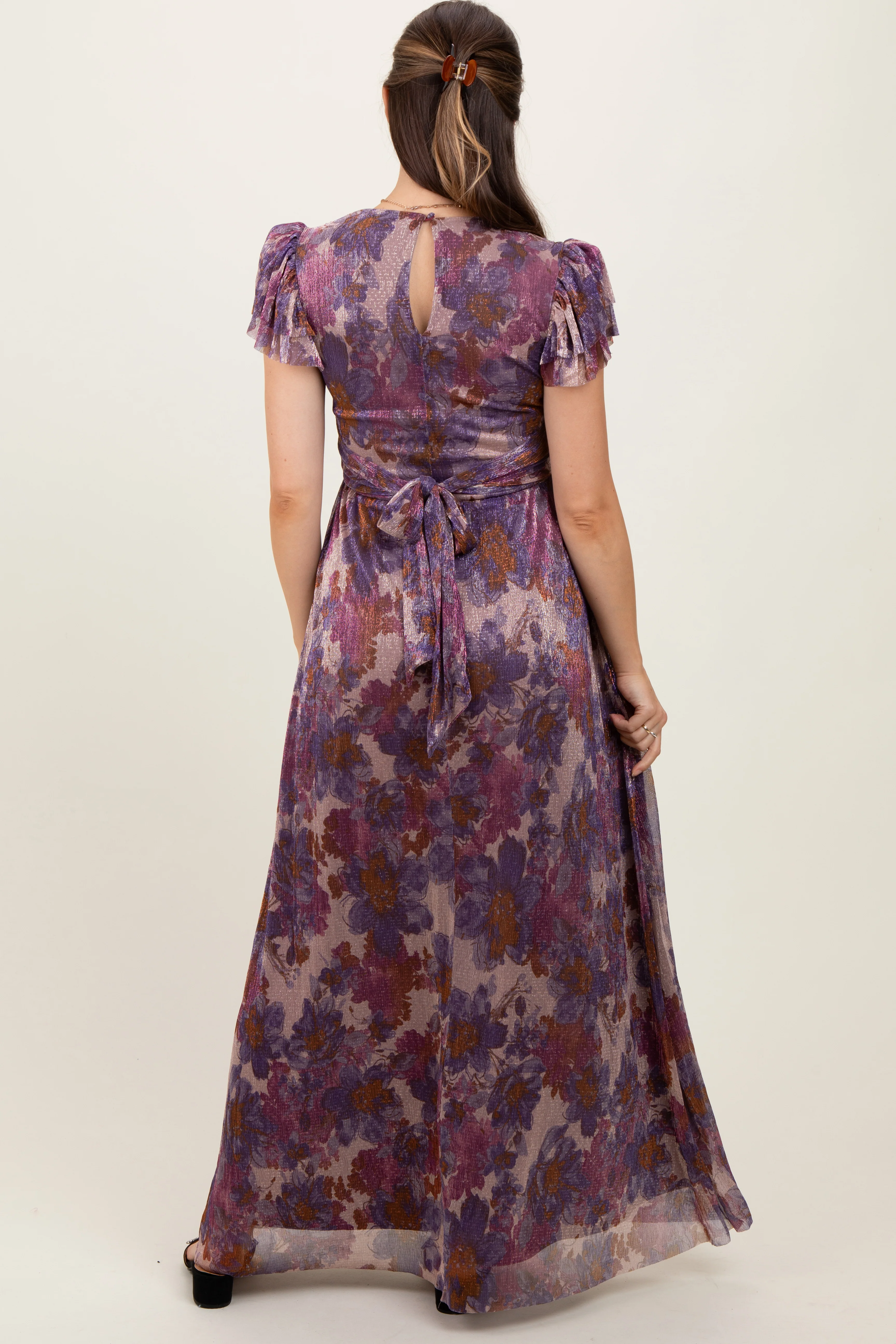 Violet Floral Metallic Flutter Sleeve Maternity Maxi Dress - Image 4