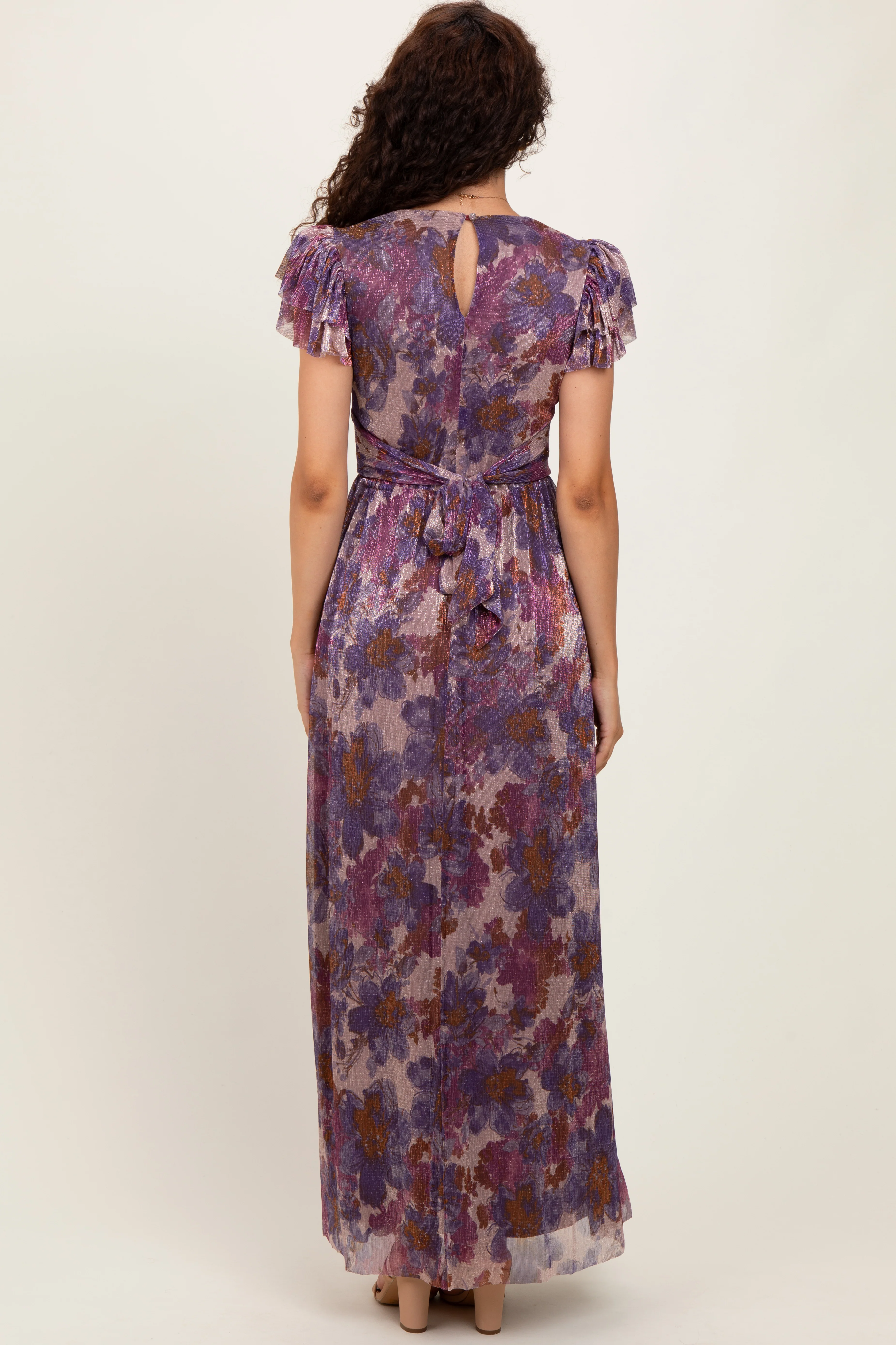 Violet Floral Metallic Flutter Sleeve Maxi Dress - Image 4