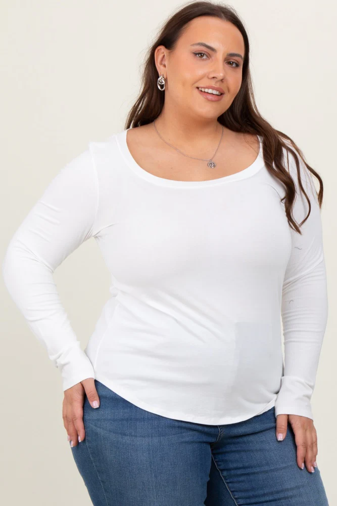 White Basic Long Sleeve Plus Top - Image 3
