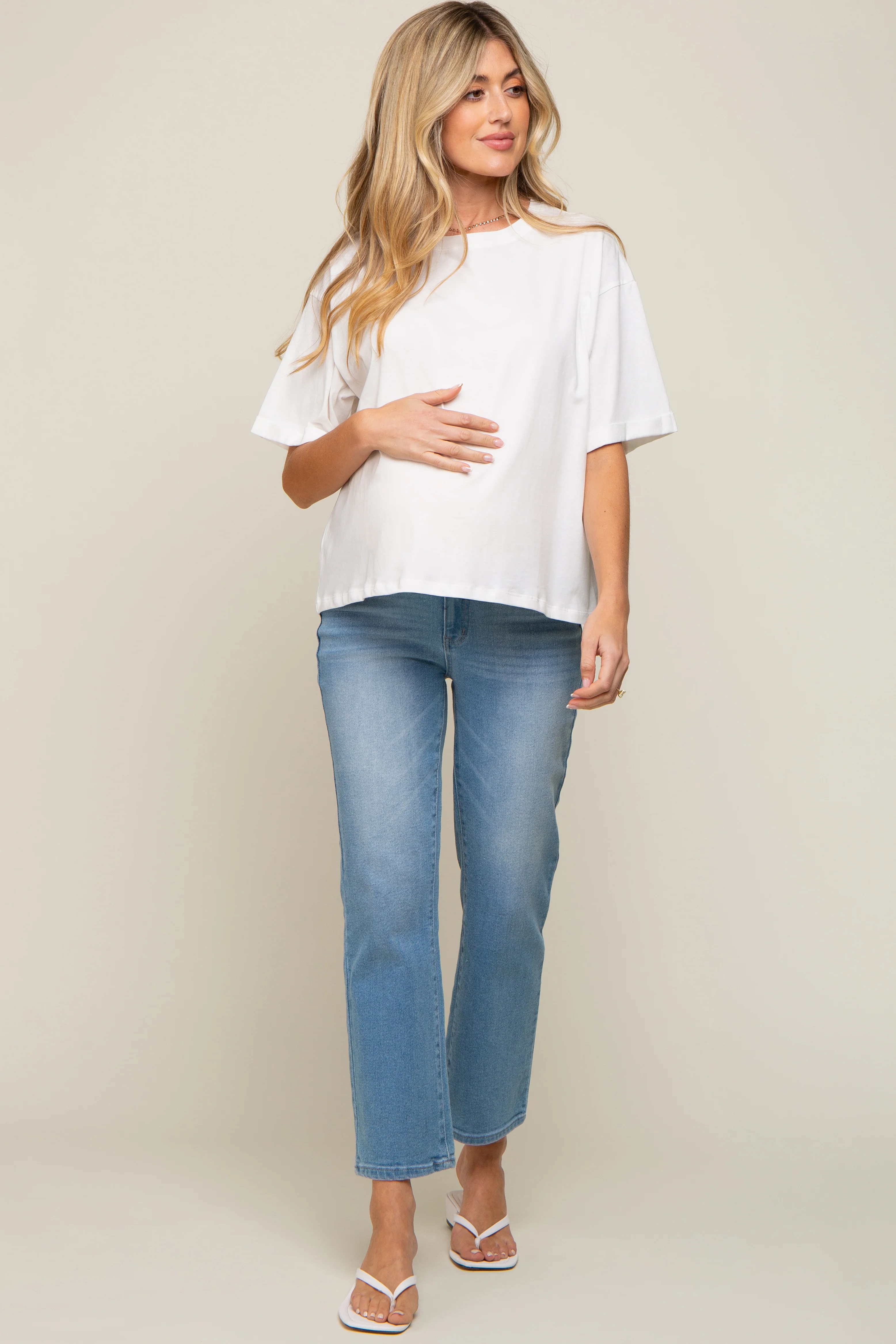 White Basic Rolled Short Sleeve Maternity T-Shirt - Image 4