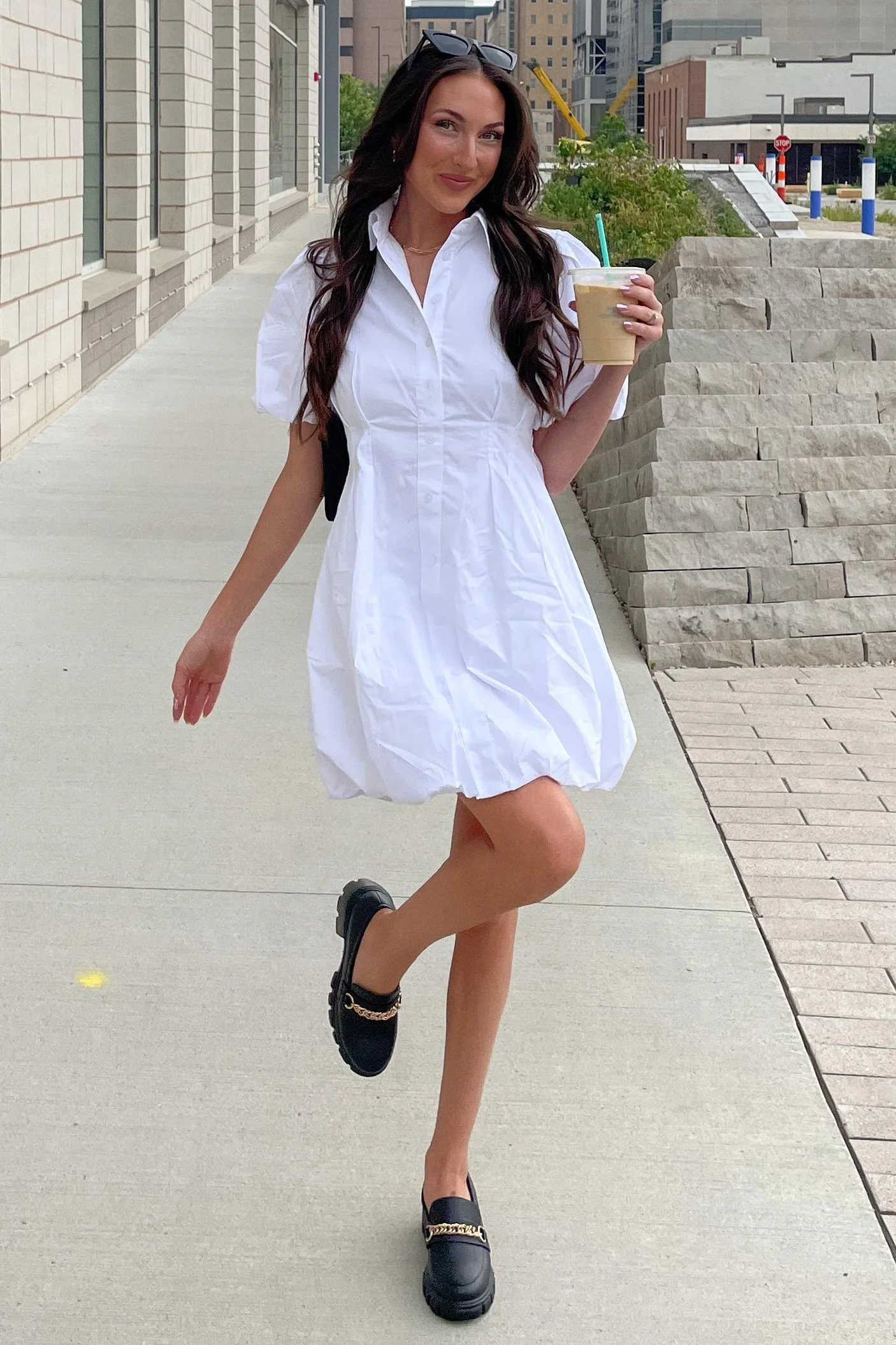White Bubble Hem Shirt Dress - Image 4