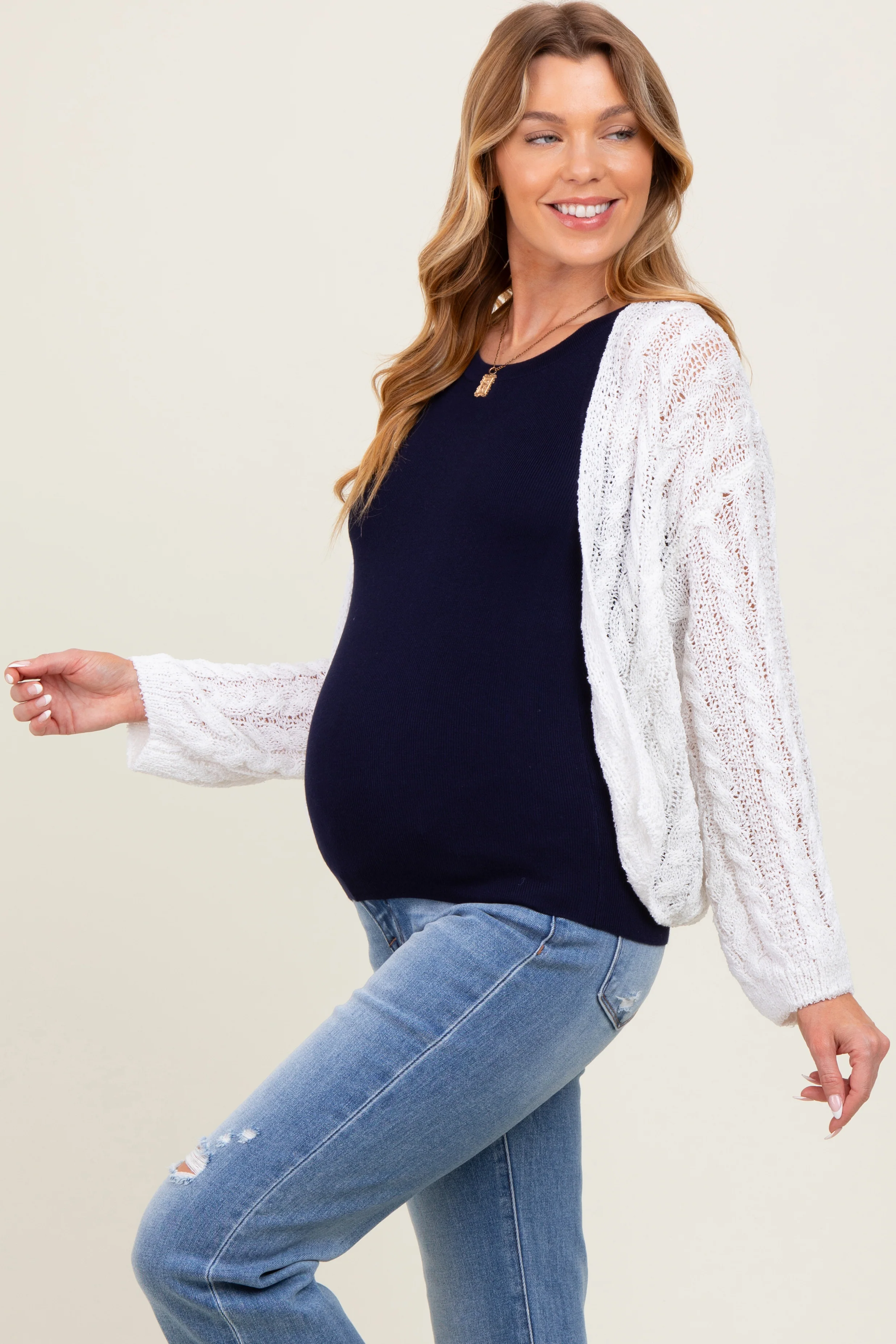 White Cable Knit Maternity Open Cardigan - Image 4