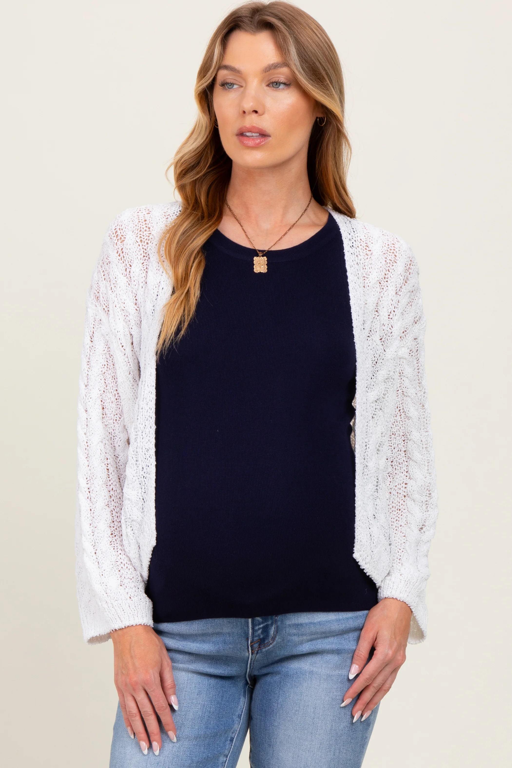 White Cable Knit Maternity Open Cardigan - Image 5