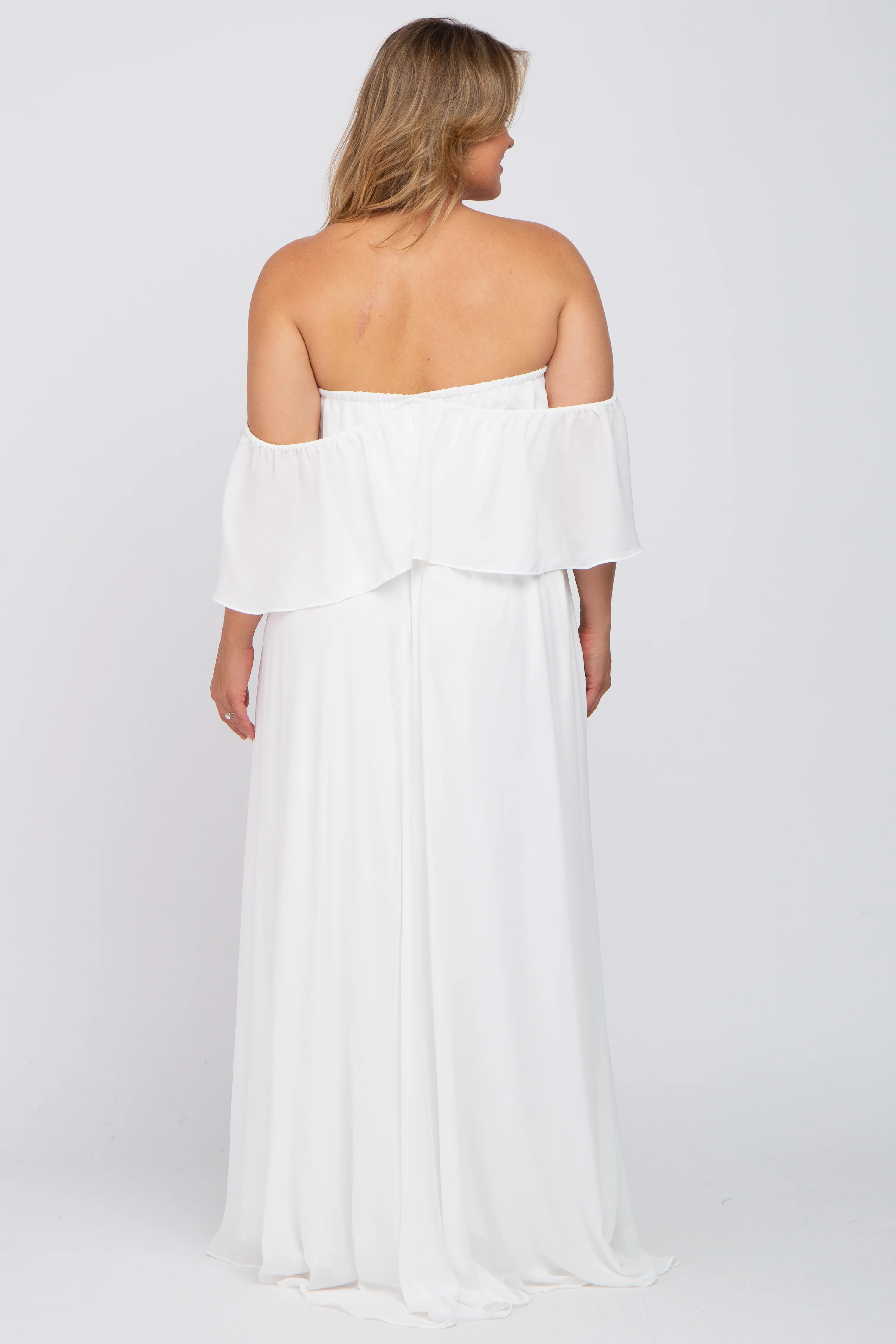 White Chiffon Off Shoulder Maternity Plus Gown - Image 3