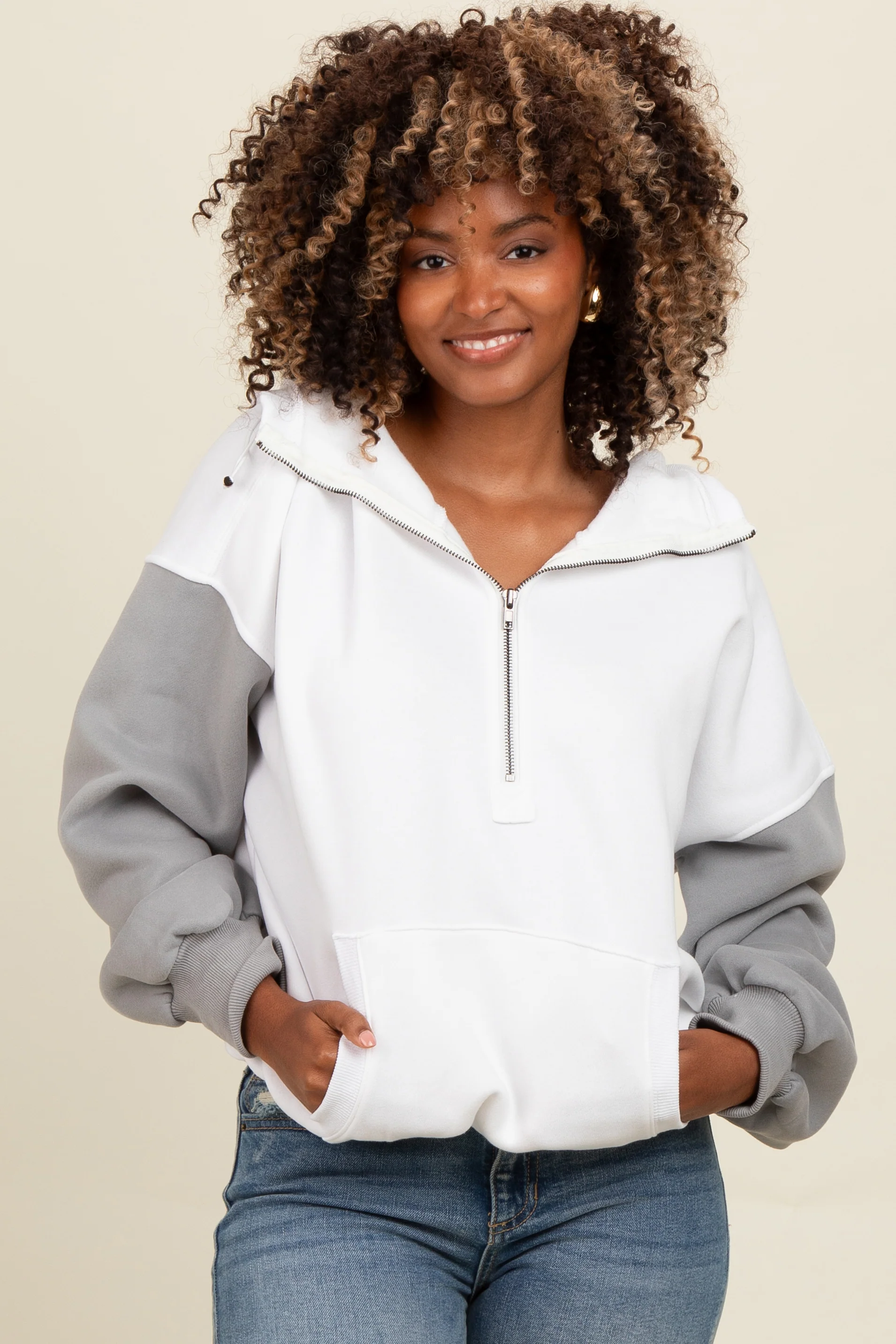 White Colorblock Half Zip Maternity Hoodie - Image 5