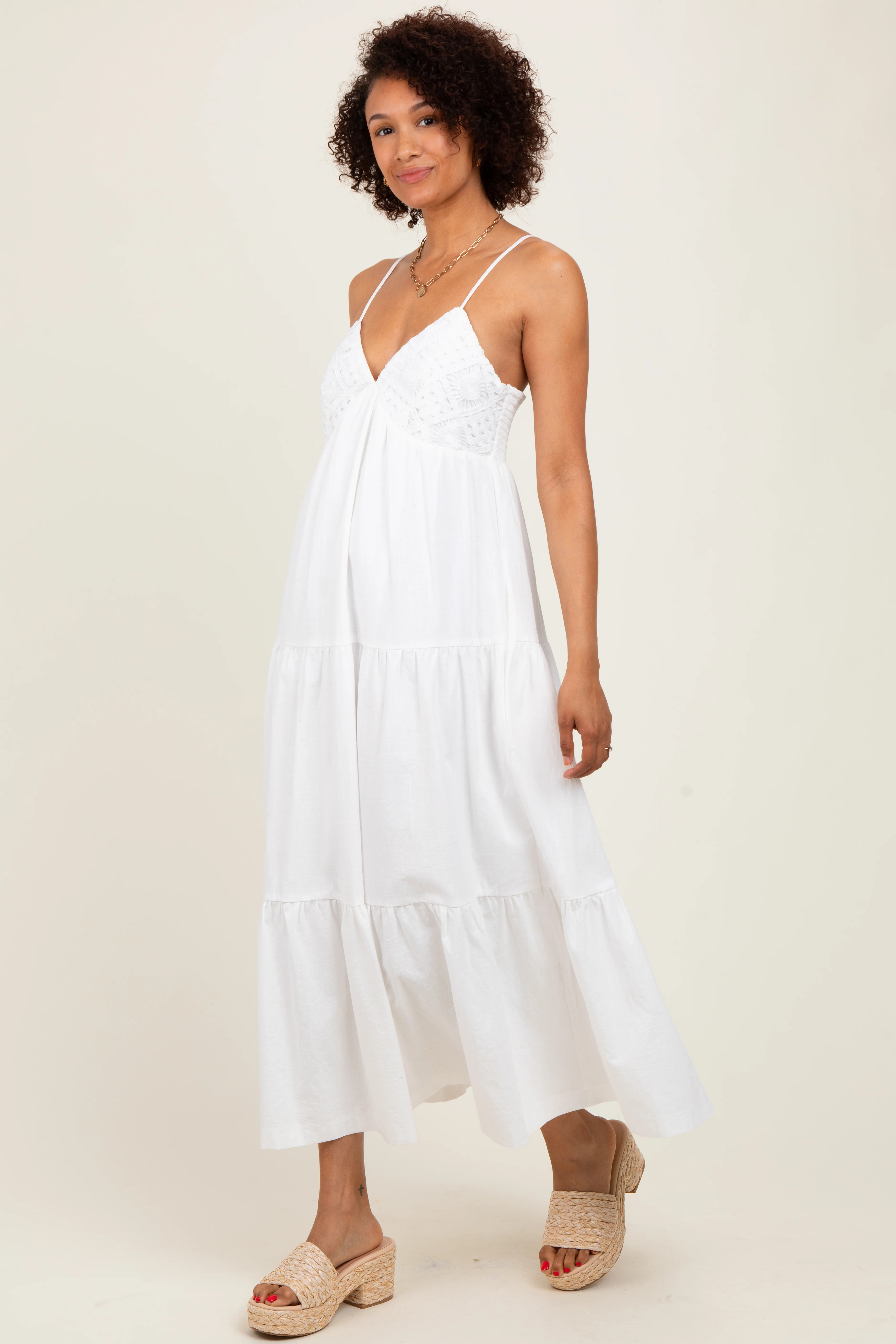 White Crochet Flare Smocked Maxi Dress - Image 3