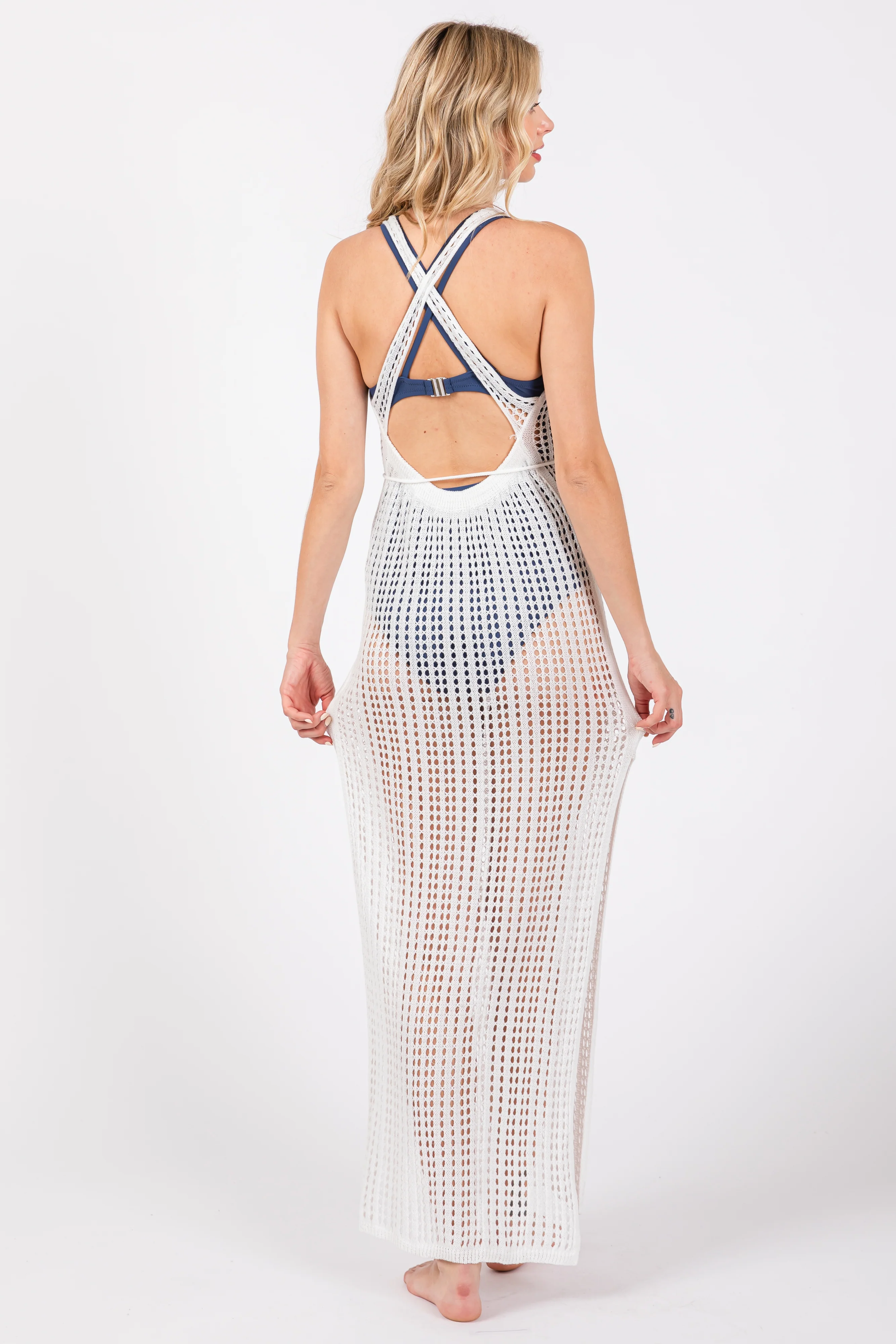 White Crochet V-Neck Side Slit Cover Up - Image 4