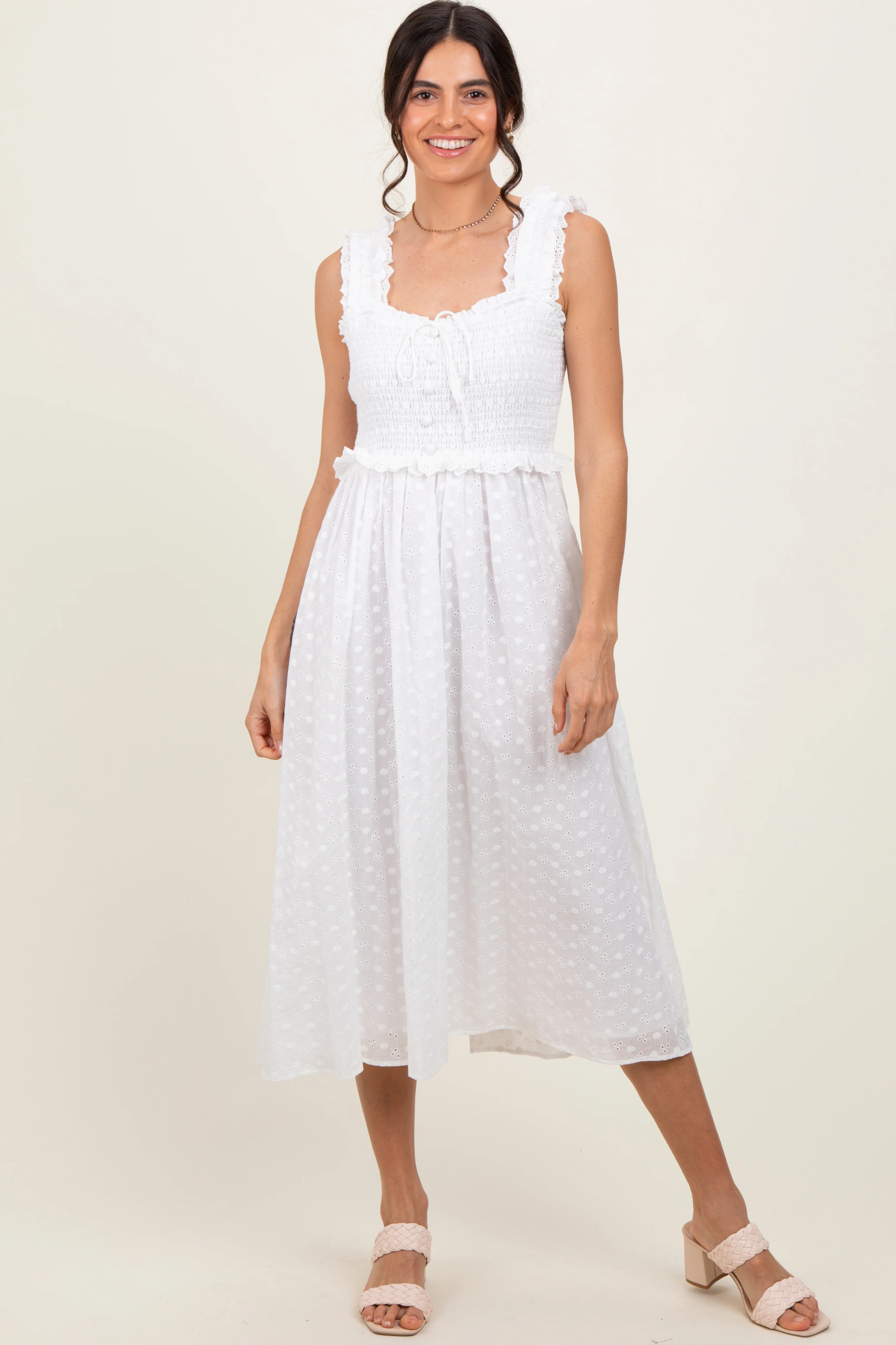 White Eyelet Sleeveless Midi Dress - Image 2
