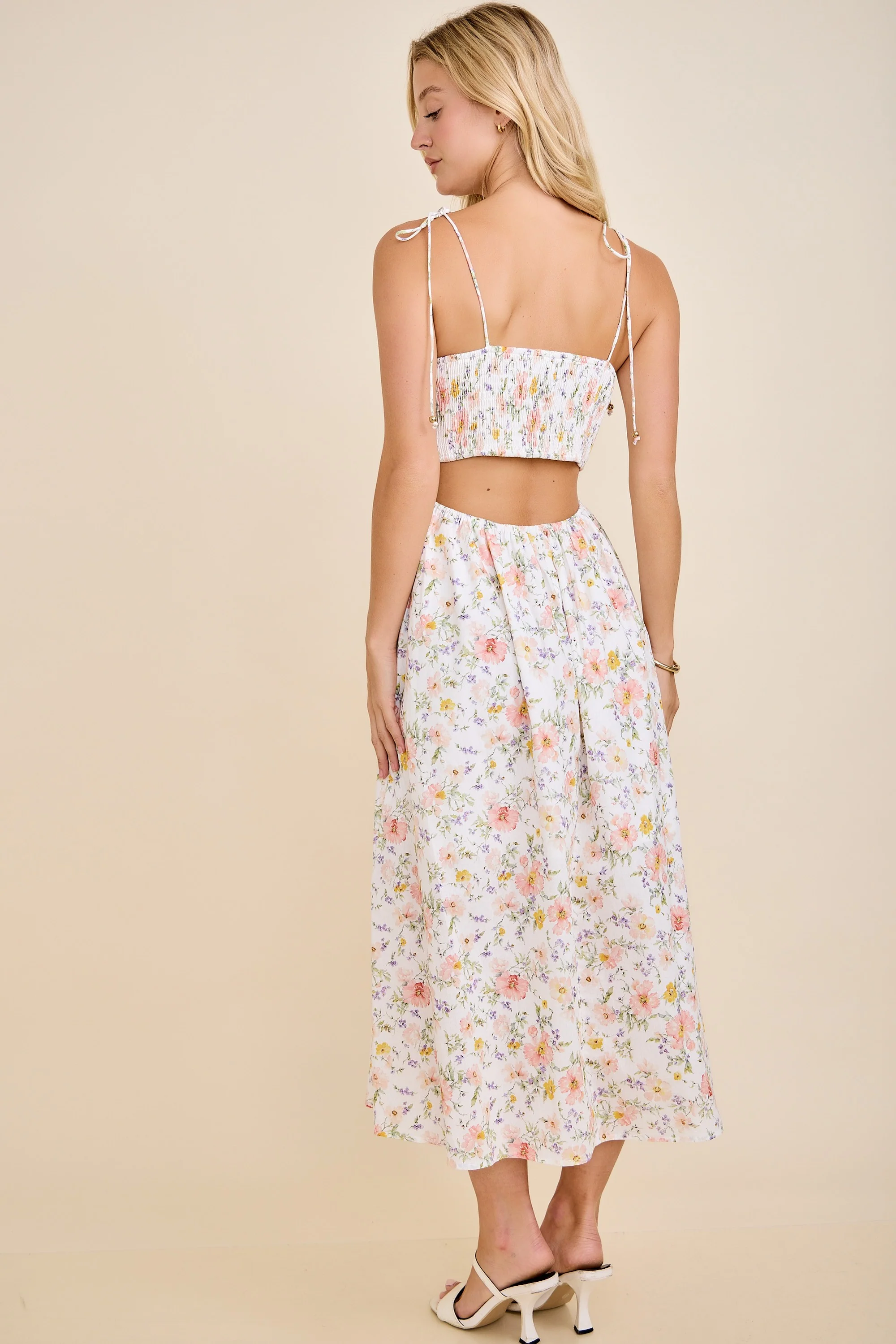 White Floral Shoulder Tie Cutout Midi Dress - Image 5