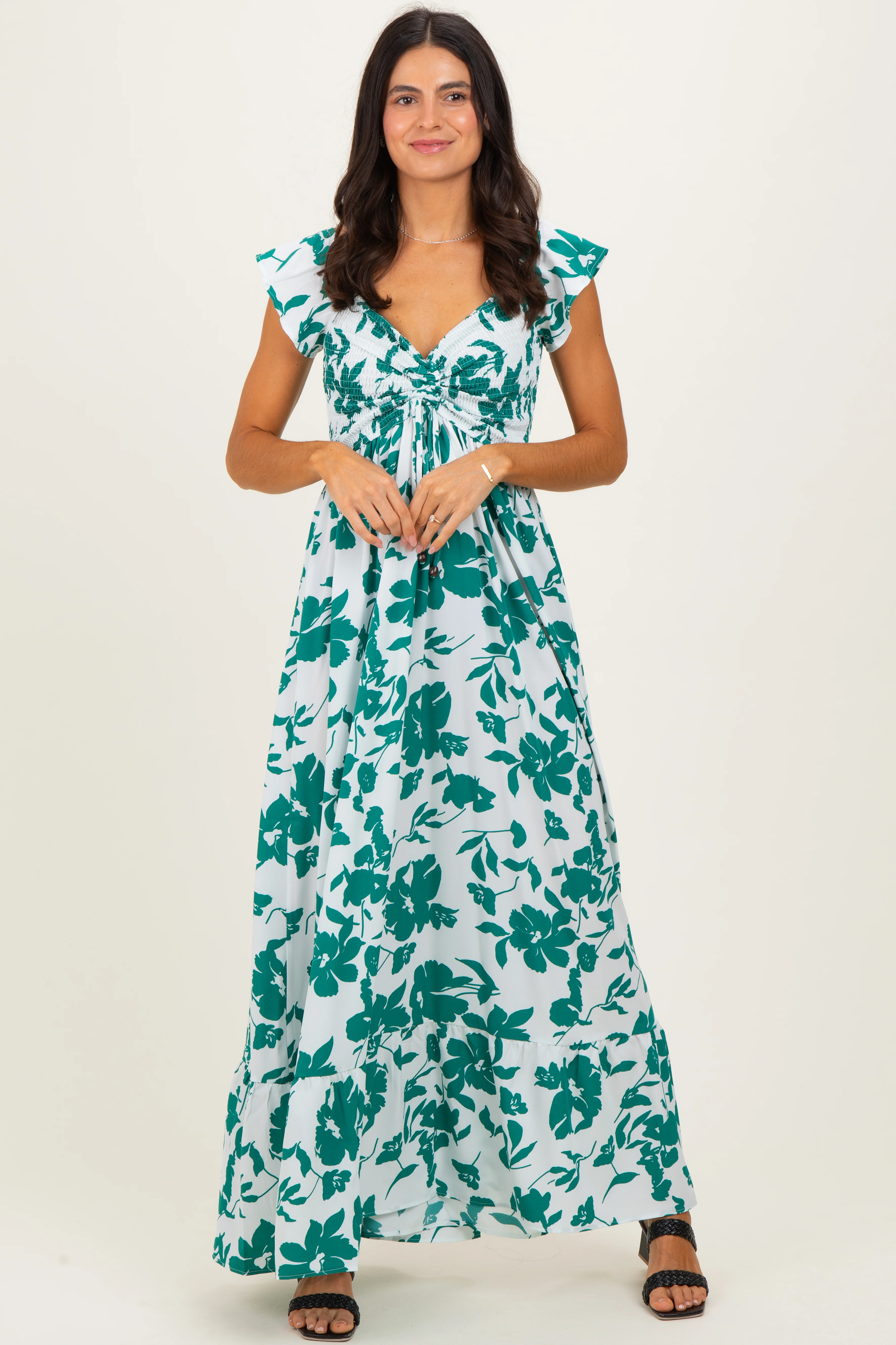 White Floral Smocked Cinched Top Maternity Maxi Dress - Image 5