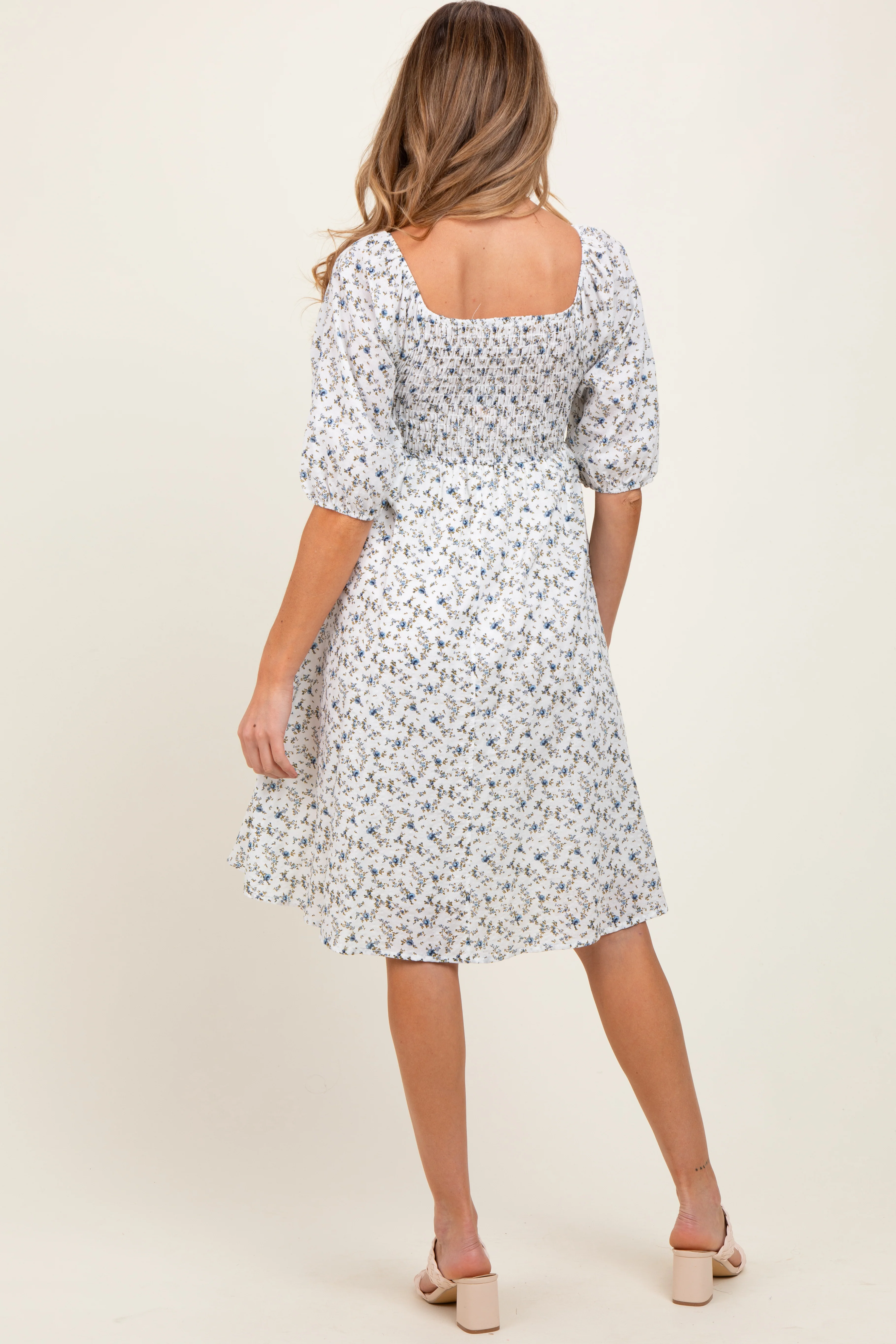 White Floral Smocked Maternity Midi Dress - Image 3