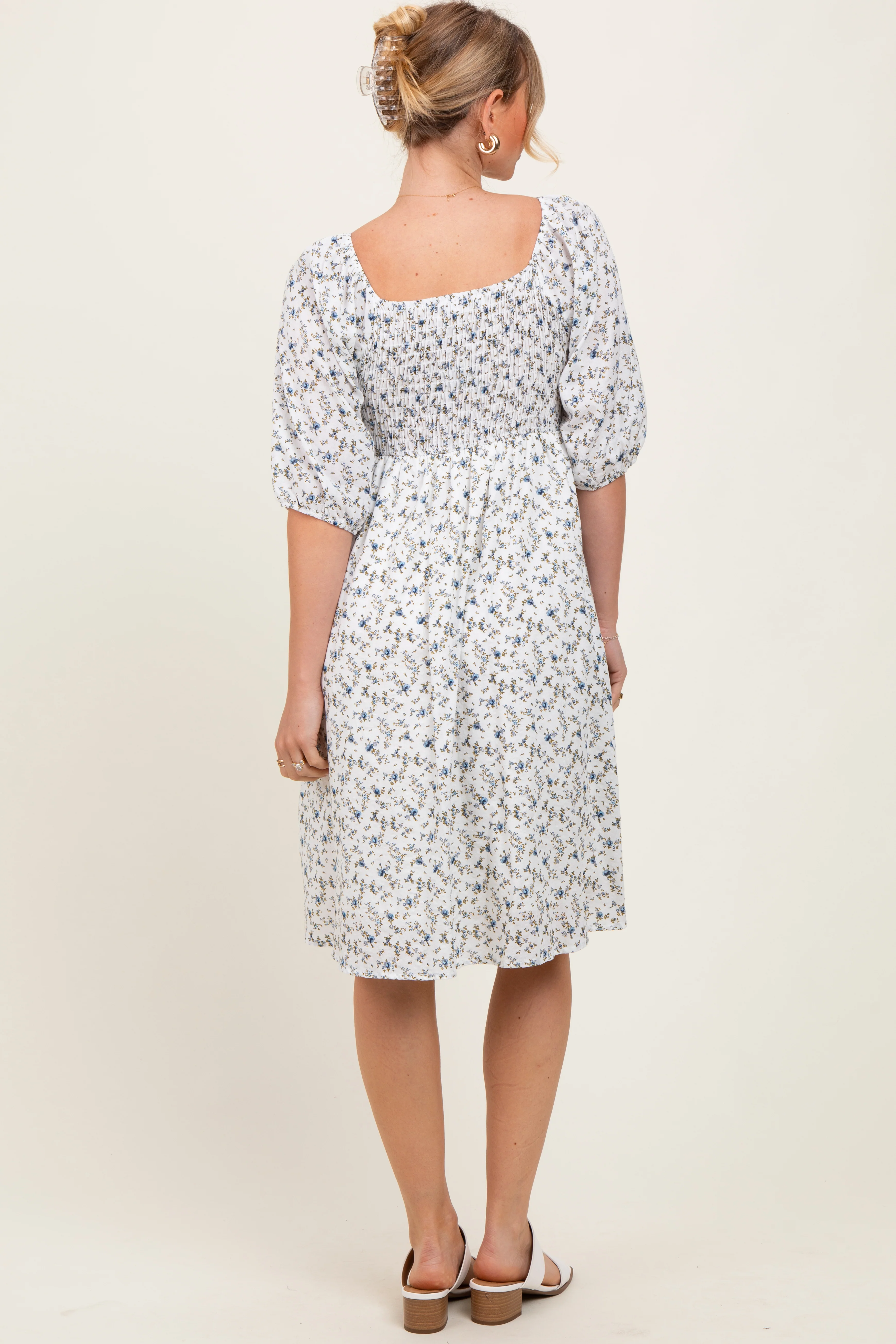 White Floral Smocked Midi Dress - Image 3