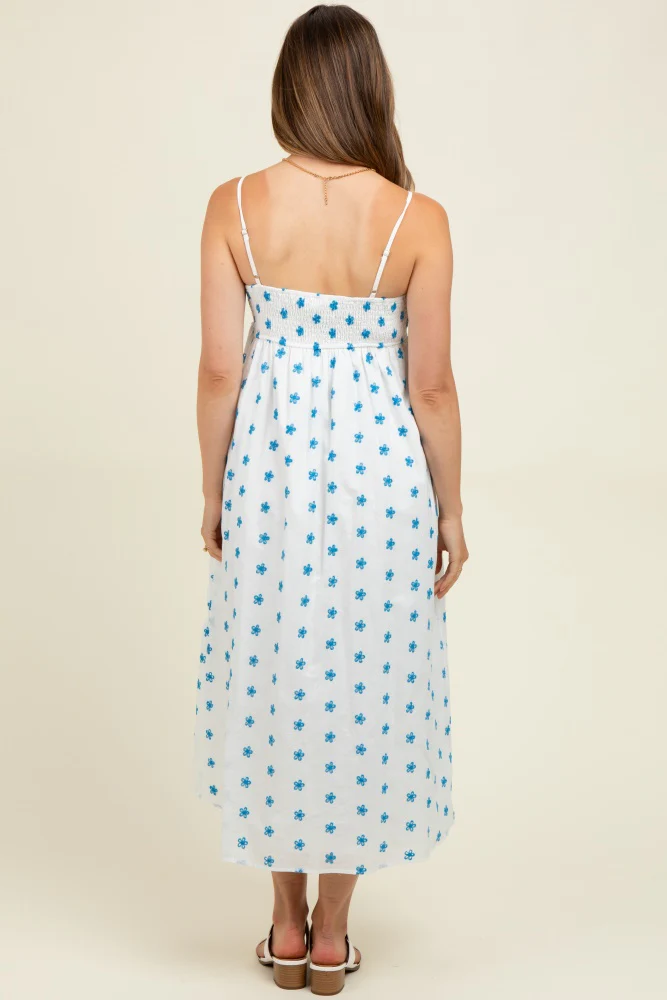 White Floral Smocked Sleeveless Maternity Midi Dress - Image 4