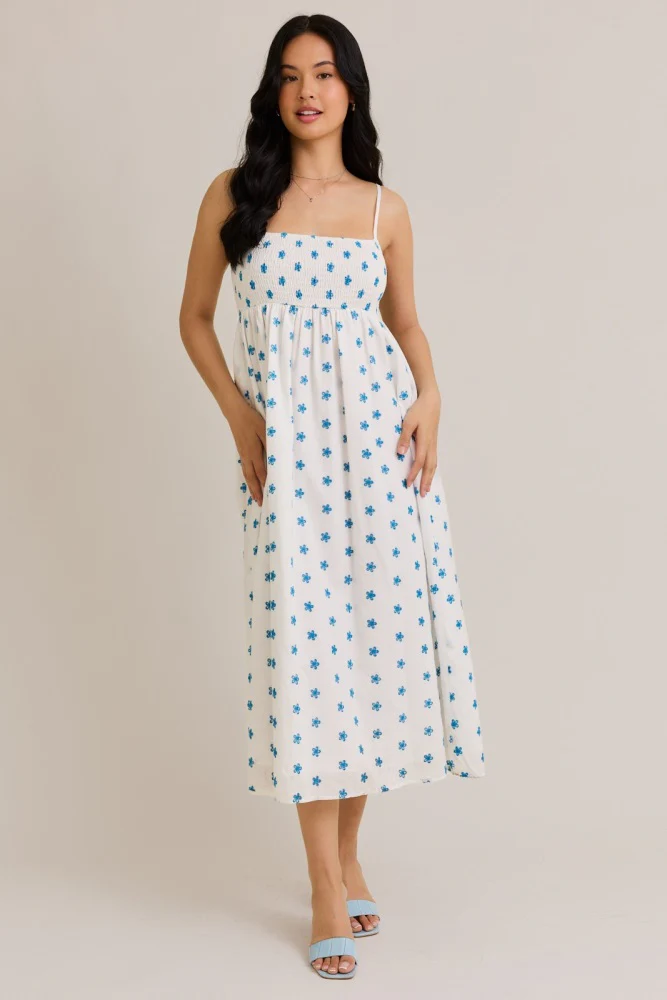 White Floral Smocked Sleeveless Maternity Midi Dress - Image 5