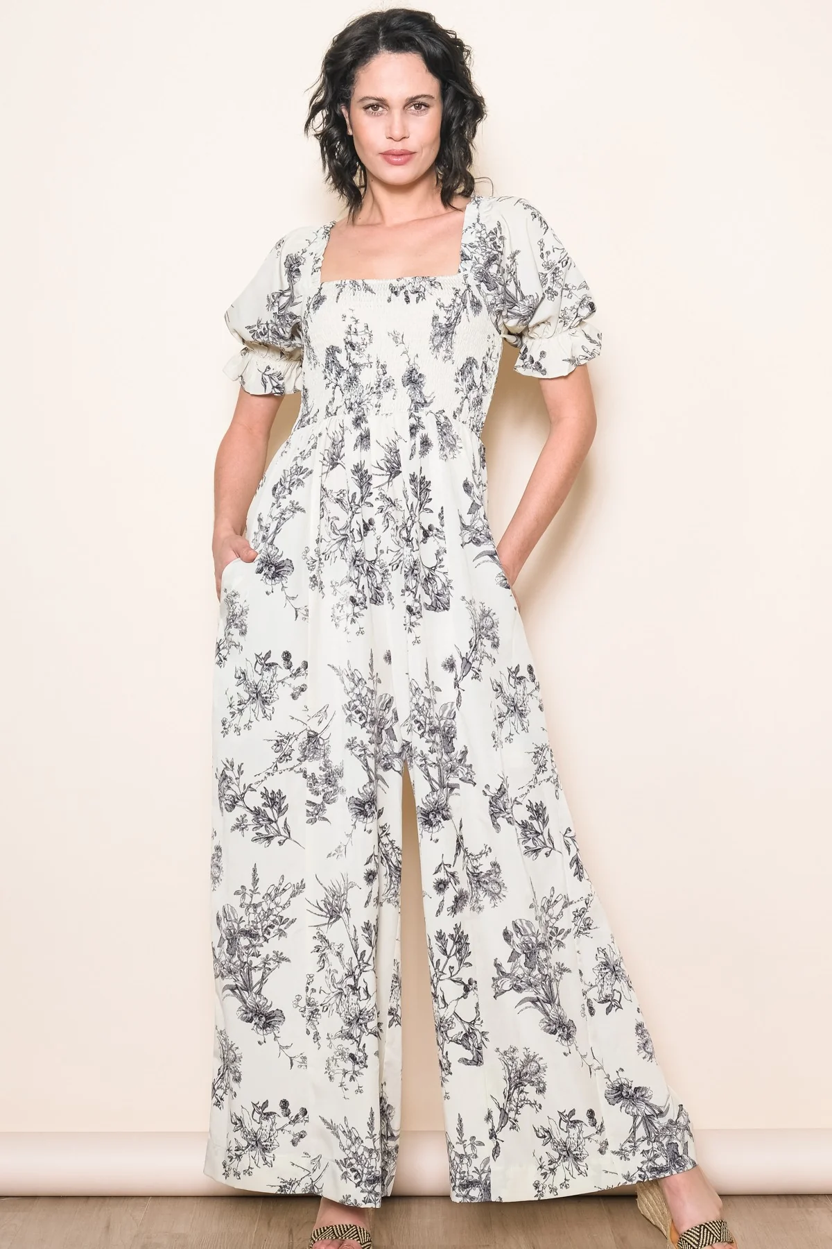 White Floral Smocked Square Neck Wide Leg Maternity Jumpsuit - Image 4